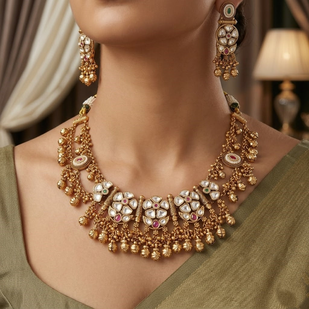 Heirloom-Style Antique Gold Toned Necklace Set with Earrings