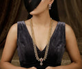Delicate Antique Gold Stone-Studded Floral Long Necklace with Ruby Accents