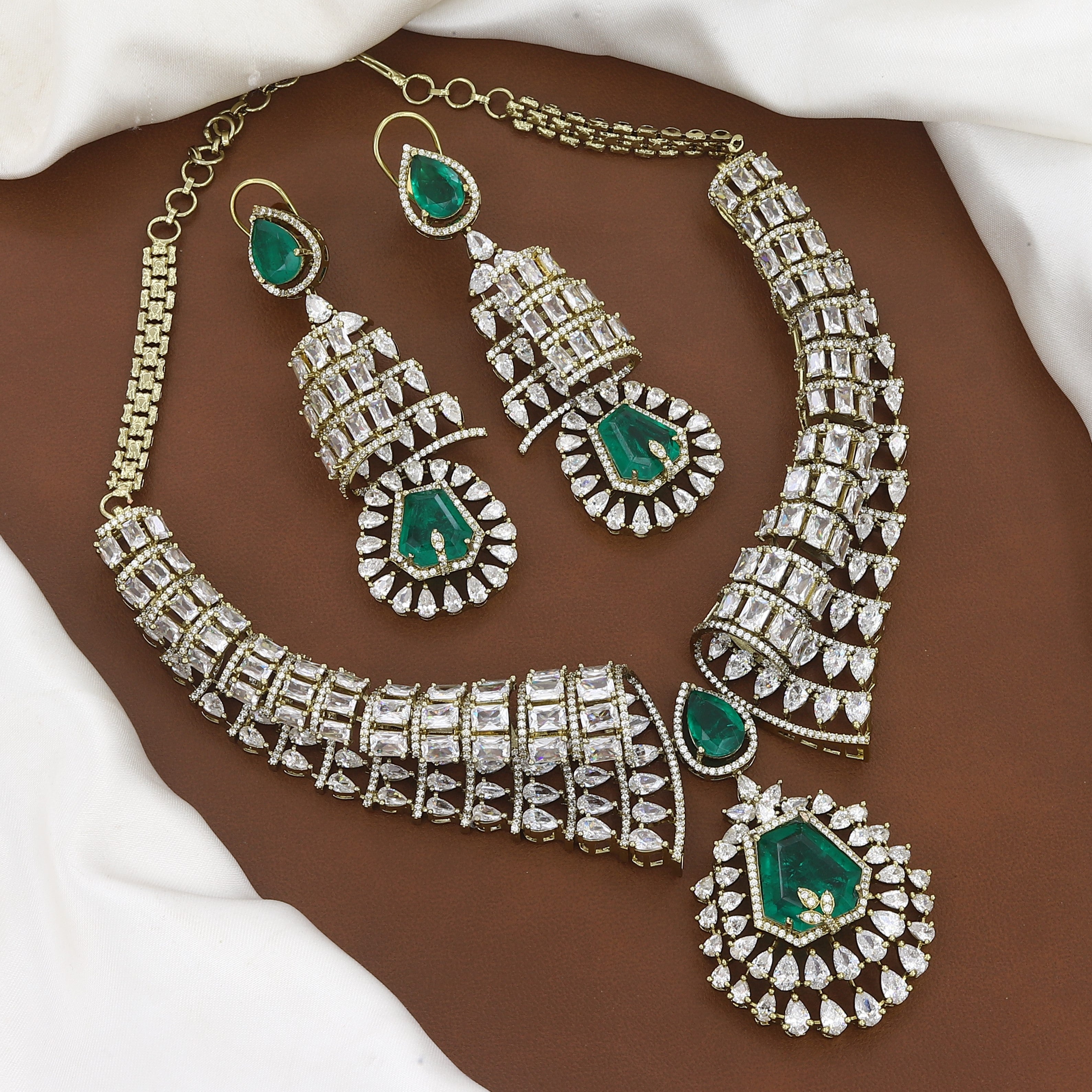 Luxury Statement Necklace & Earring Set with Emeralds & Baguette Stones