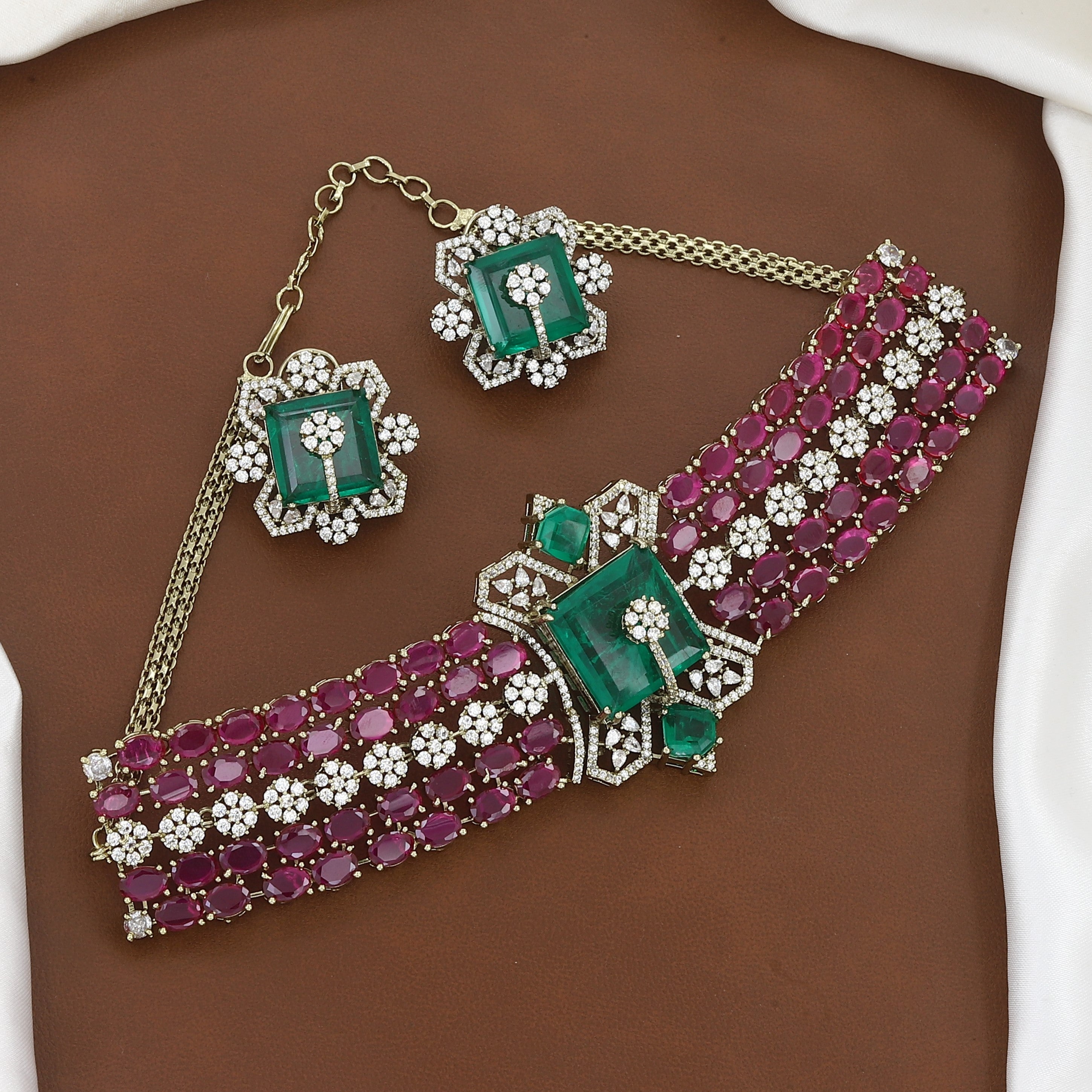 Mehndi Polished Regal Ruby and Emerald Diamond Necklace Set