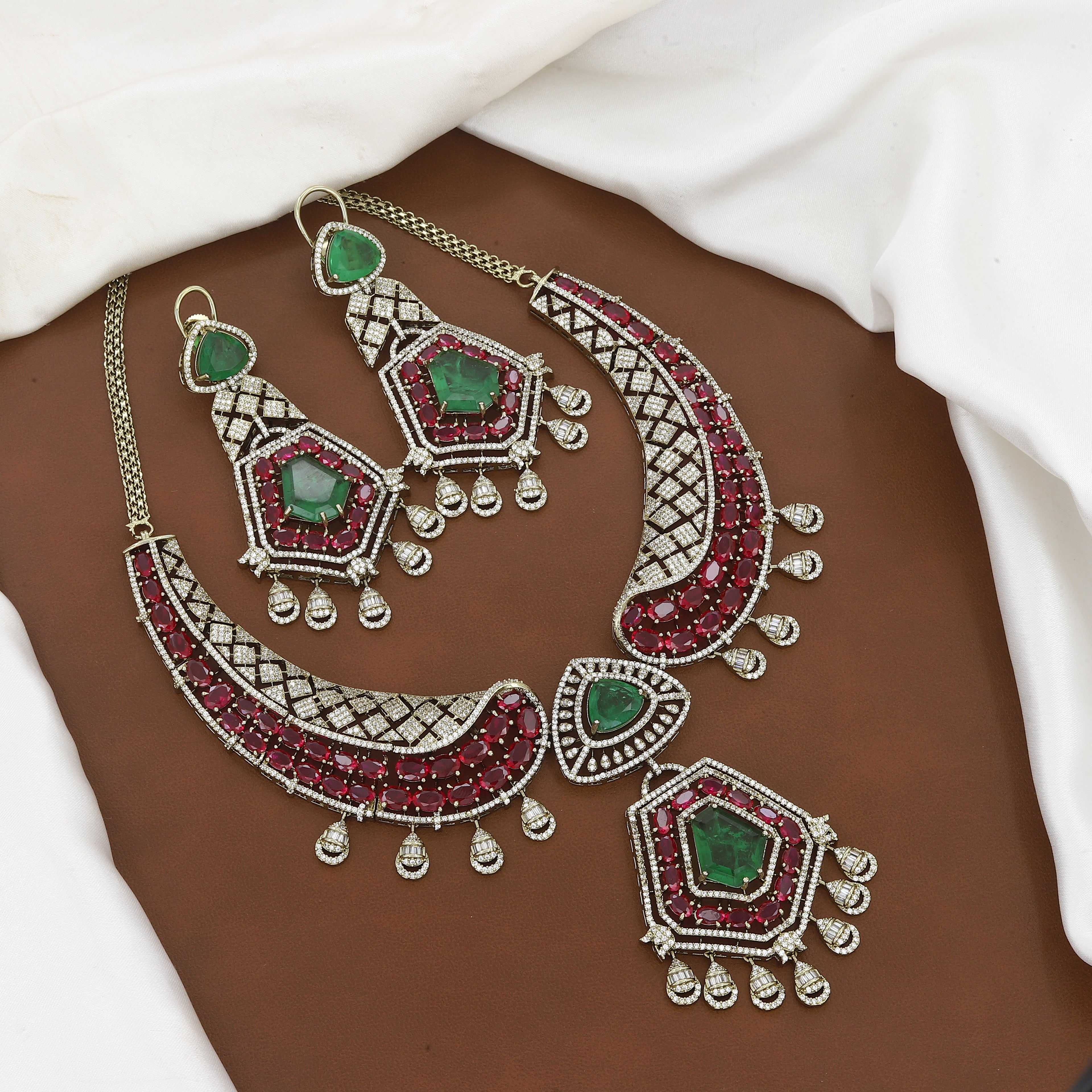 Mehndi Polished Exquisite Ruby and Emerald Diamond Necklace Set