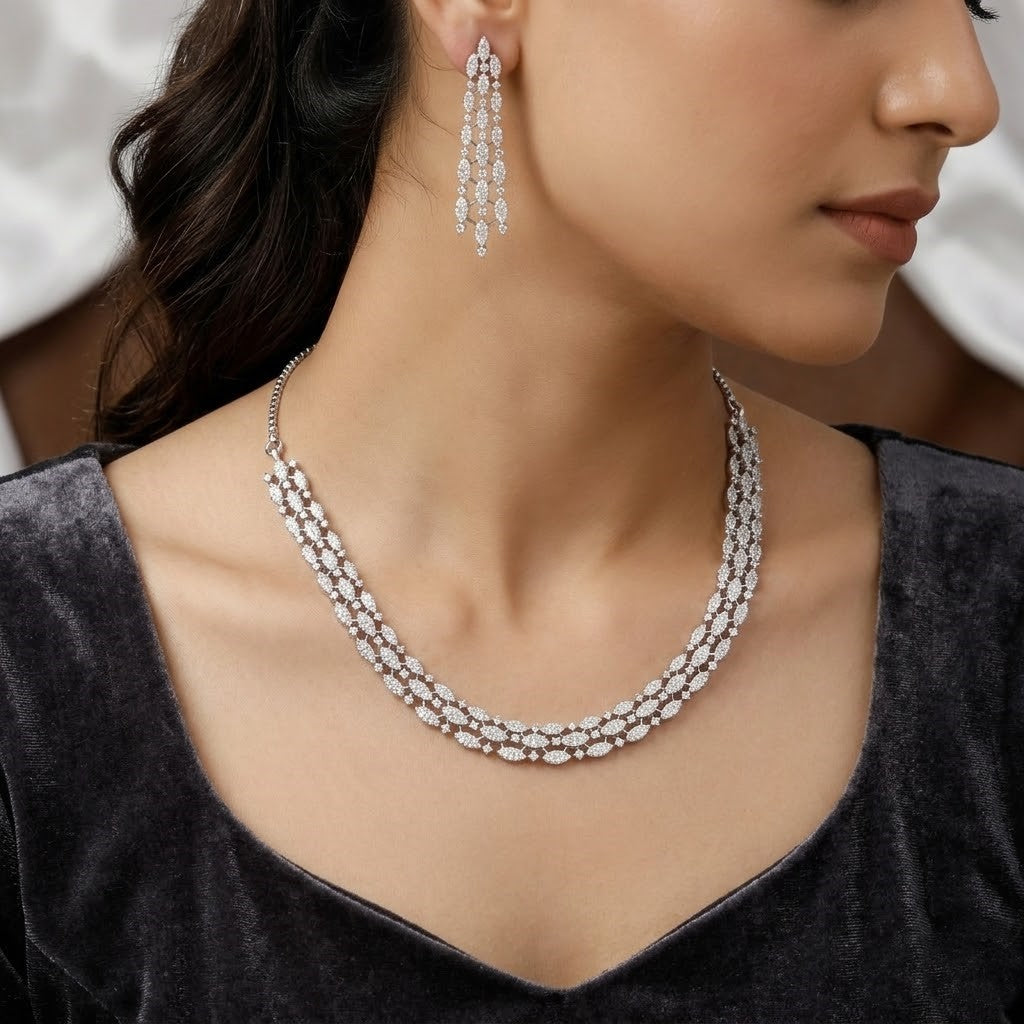 Silver Tone Modern Pave CZ Helix Collar Necklace & Stud Earring Set
