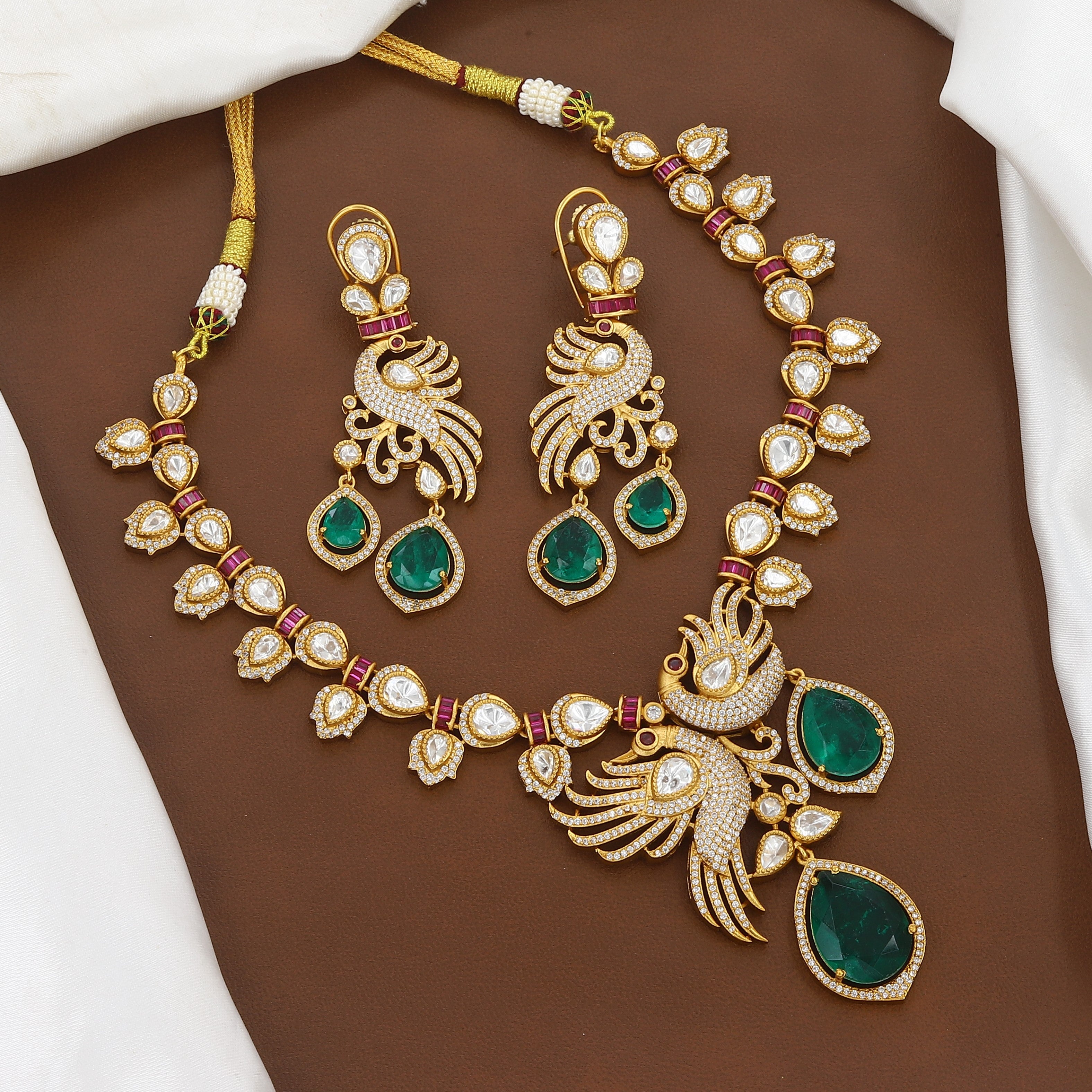 Royal Peacock Polki Necklace Set with Teardrop Emeralds
