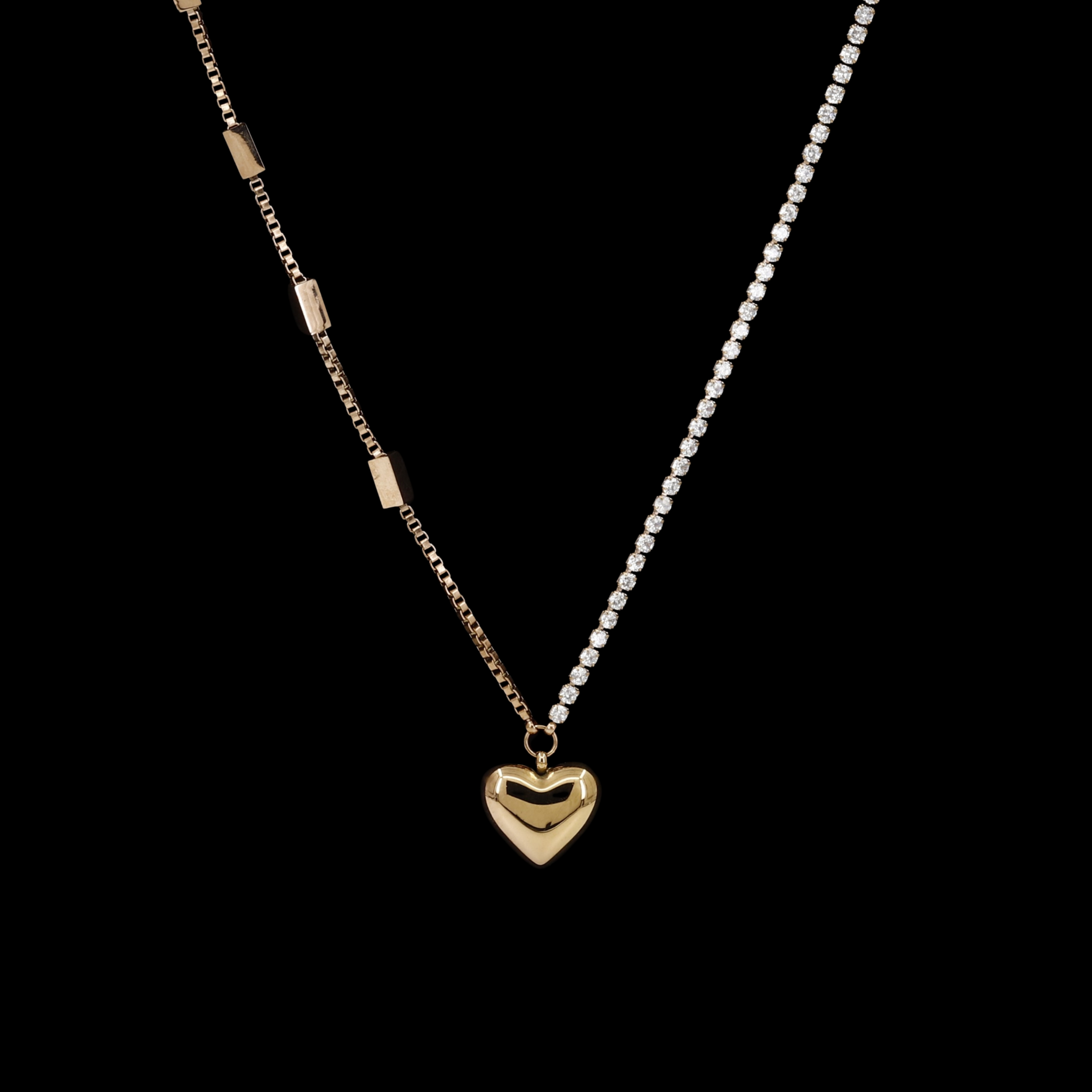 Half Tennis Chain Gold Puffy Heart Pendant Necklace