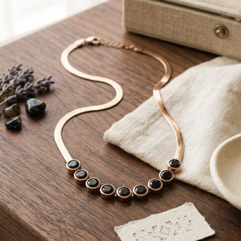 Elegant Gold & Black Bezel Stone Choker Necklace