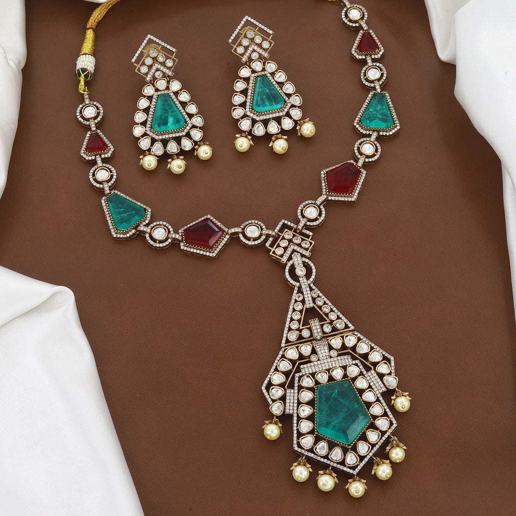 Royal Geometric Polki Pendant Necklace Set with Emeralds