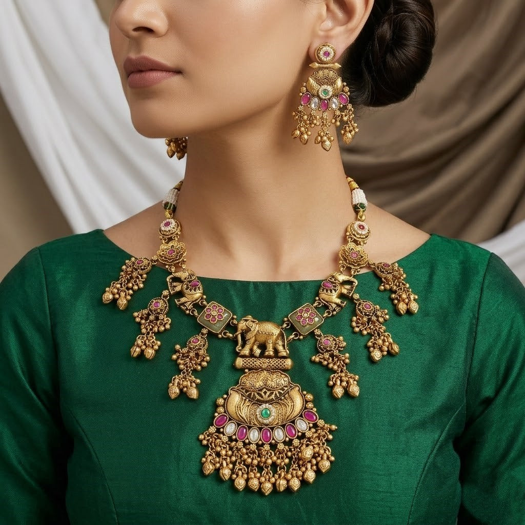Antique Elephant Design Necklace Set with Jhumka Earrings