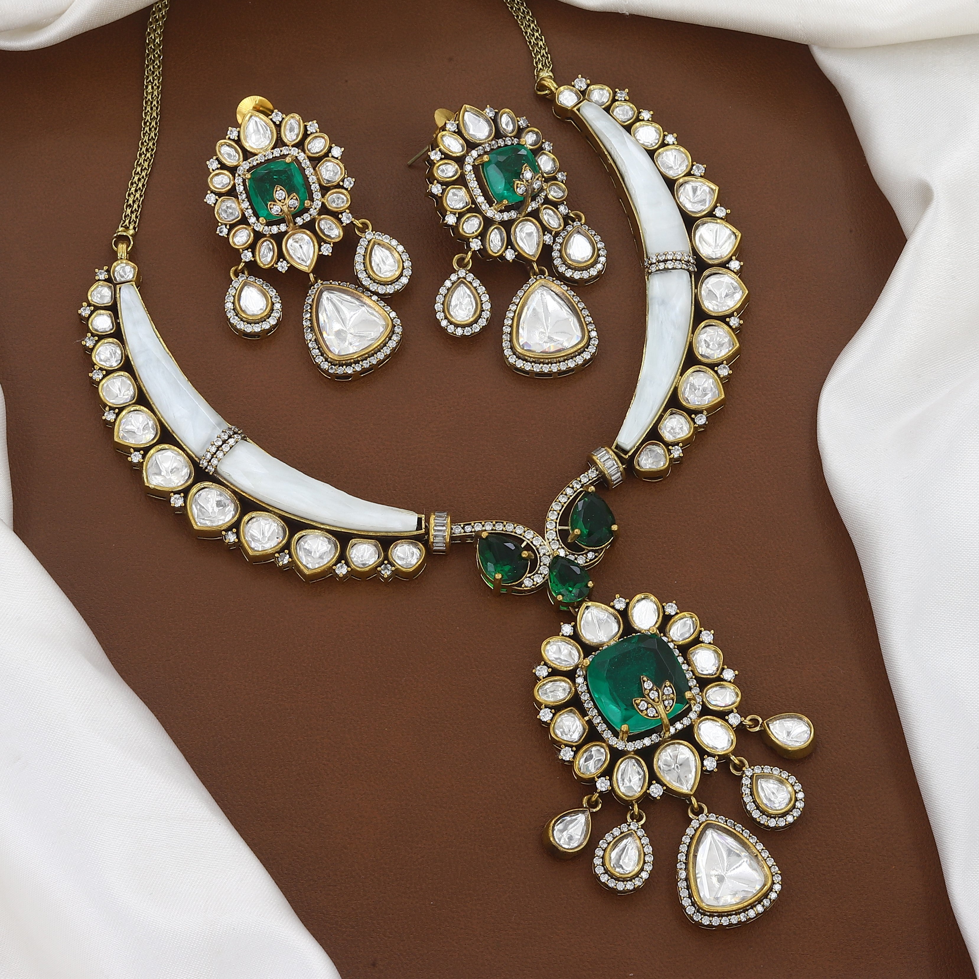 Royal Mother of Pearl Polki Necklace Set with Emeralds