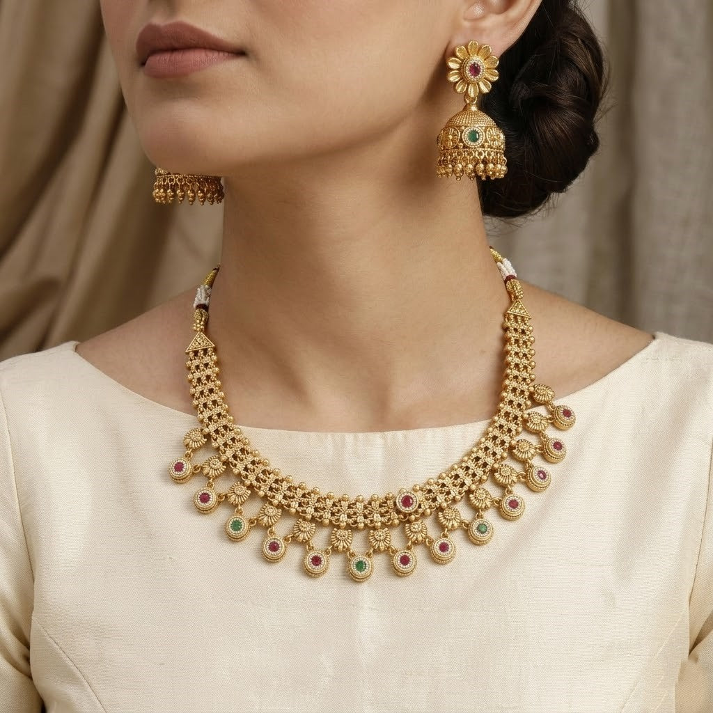 Traditional Gold-Plated Sun-Motif Temple Necklace Set with Ruby & Emerald Beads