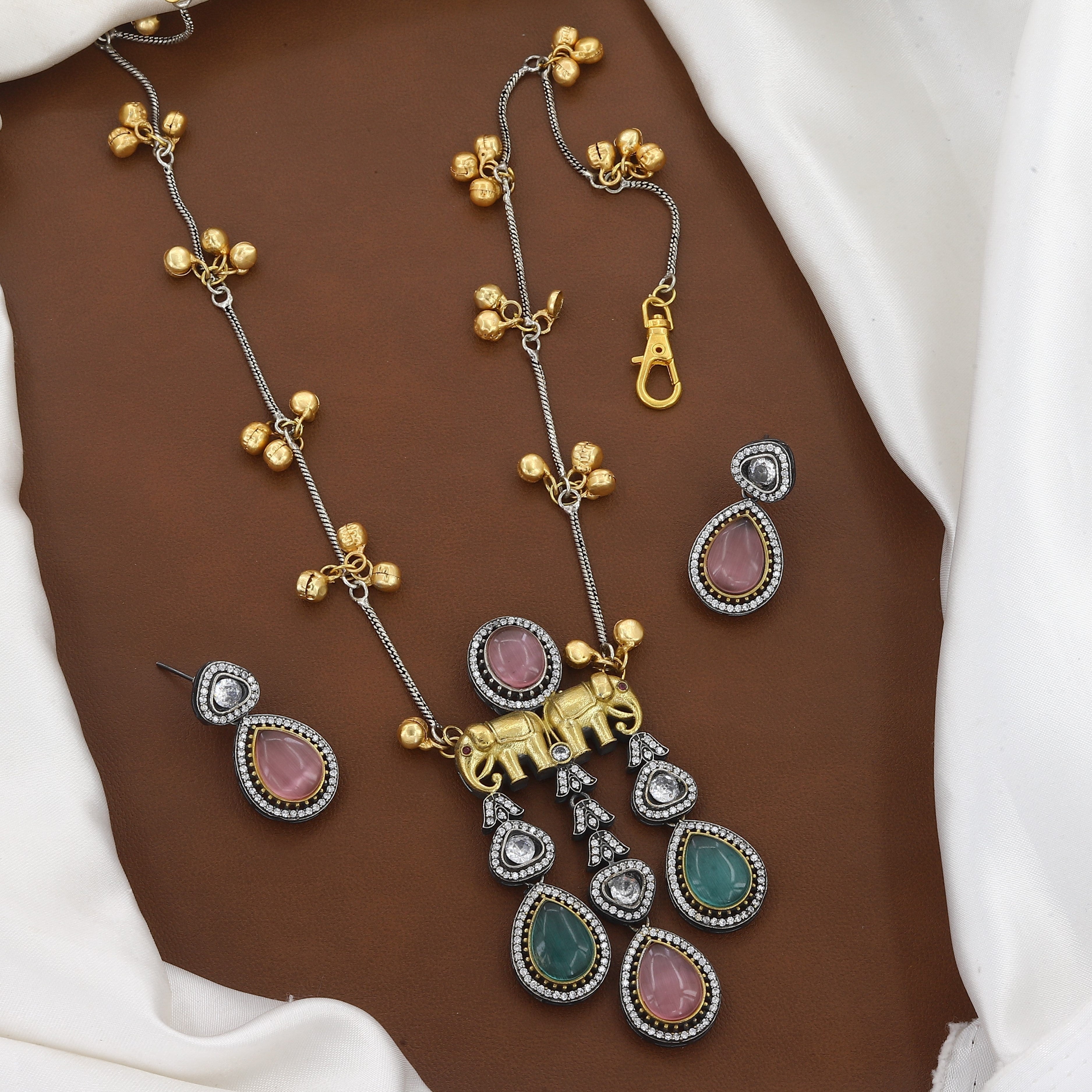 Antique Silver & Gold Plated Elephant Motif Necklace Set