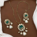 Royal Emerald Green Stone Pendant Set with Polki Kundan Accents