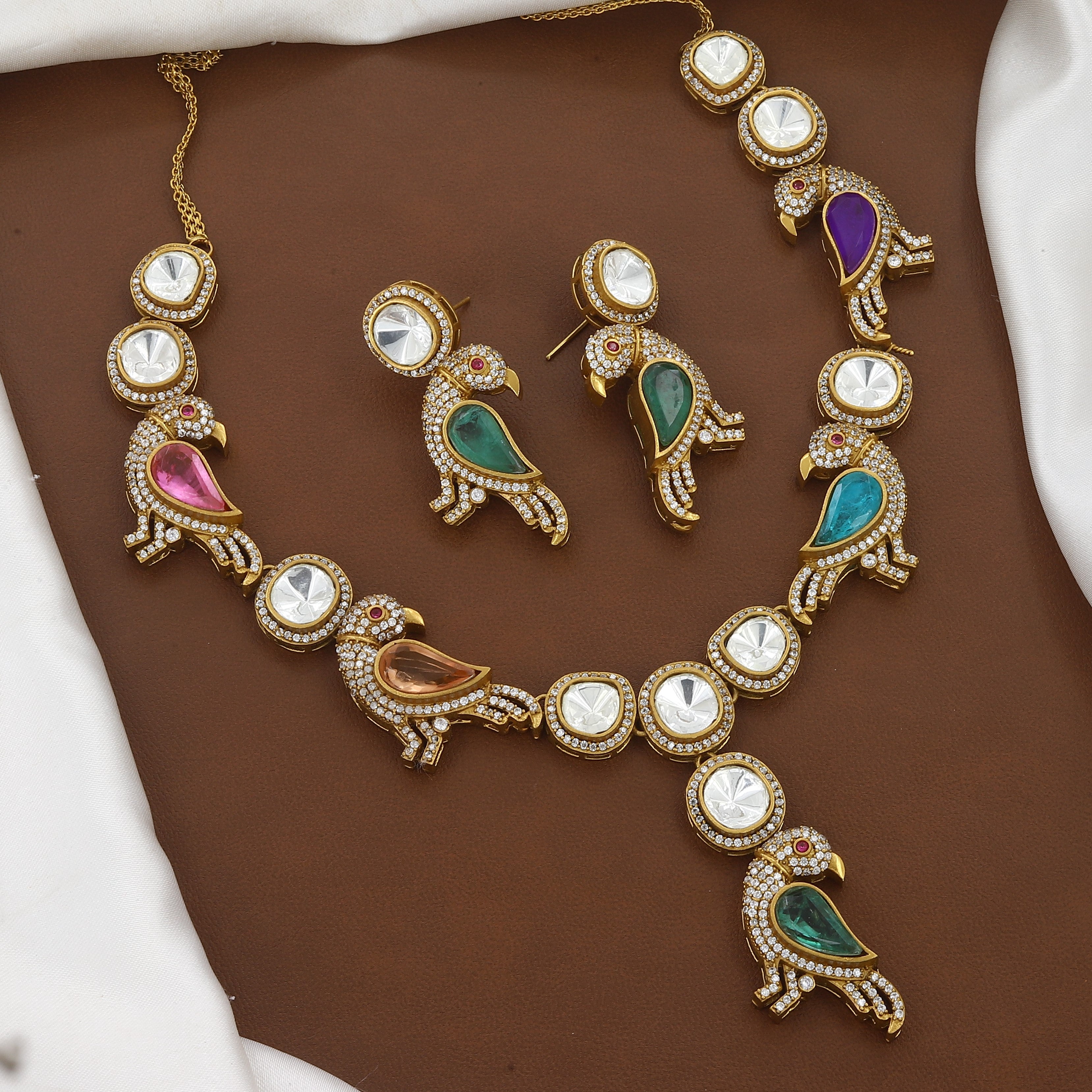 Gold Plated Multi-Color Parrot Motif Kundan Necklace Set