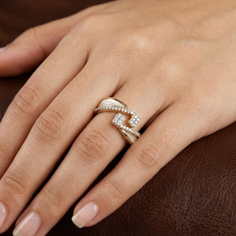 Elegant Two-Tone Gold Ring with Mother of Pearl & Crystal Pave