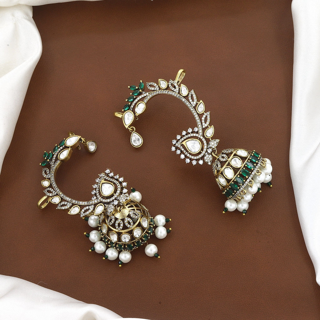 Victorian Polished Antique Gold Kundan & Ruby Jhumka Ear Cuffs