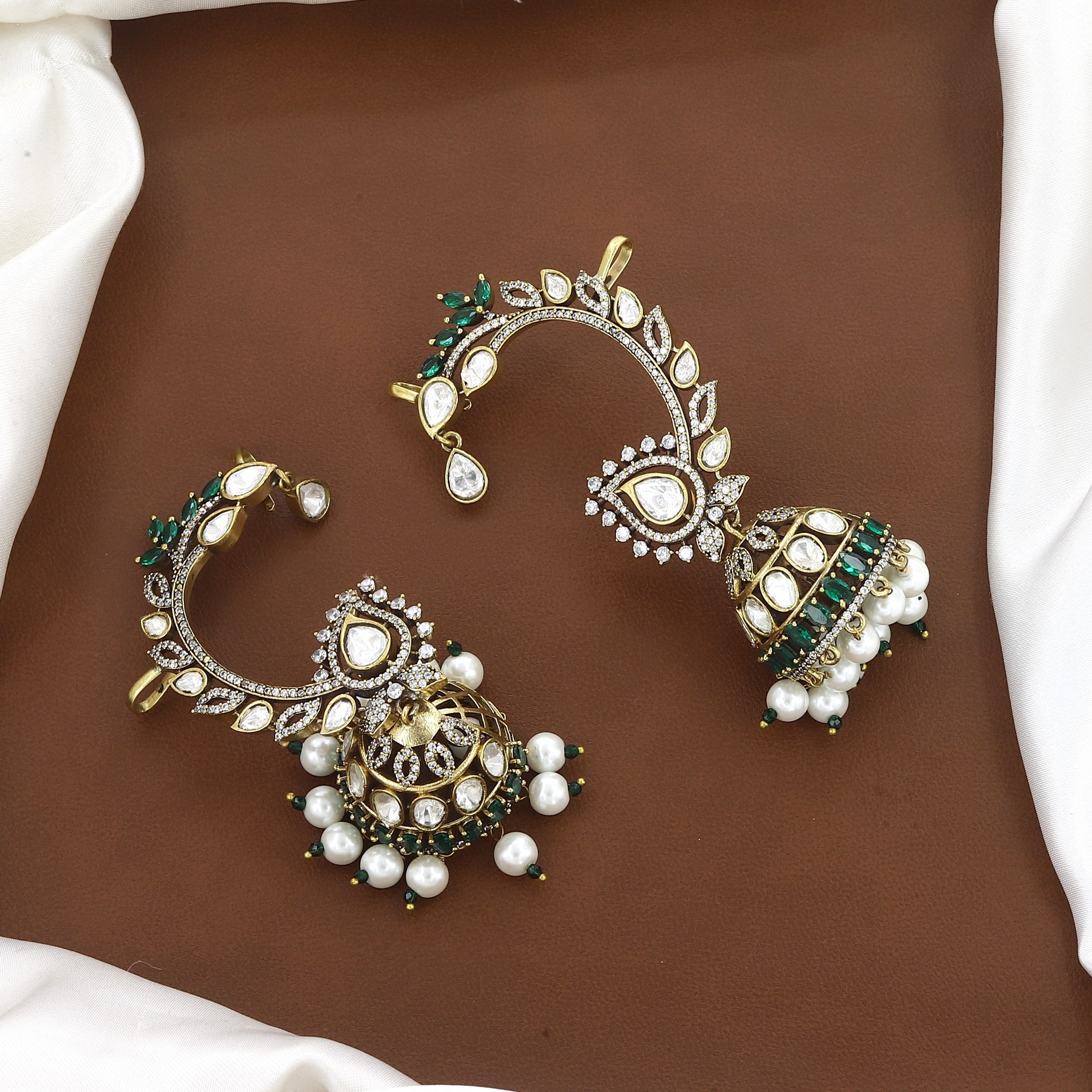 Victorian Polished Antique Gold Kundan & Ruby Jhumka Ear Cuffs