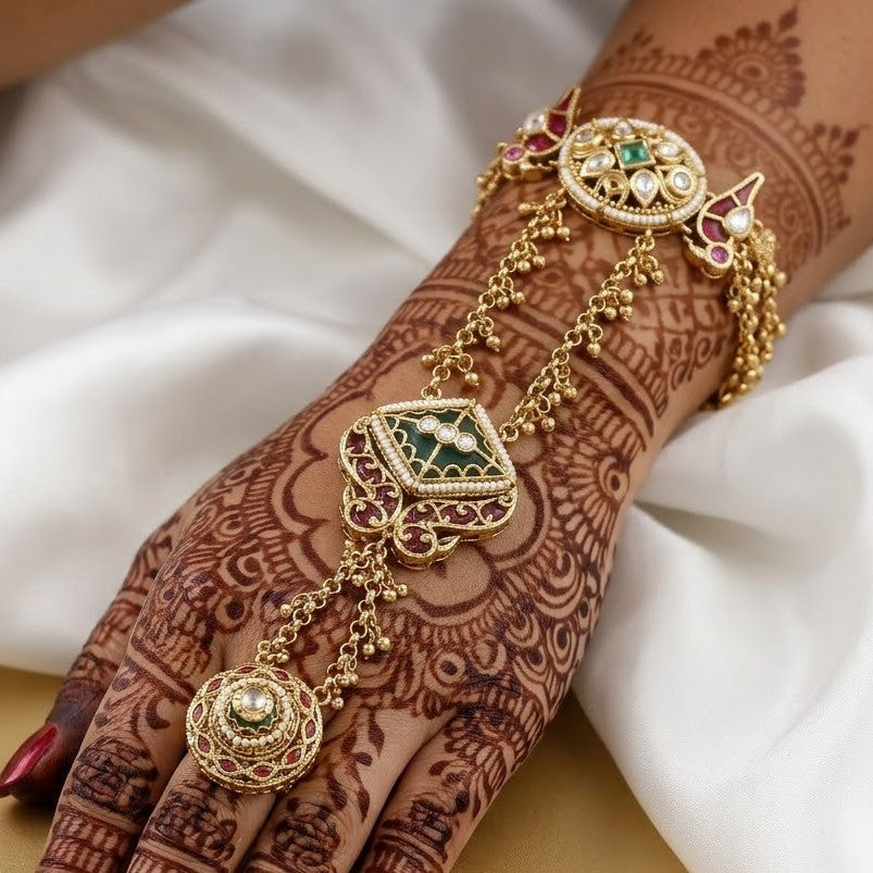 Bridal Haath Panja with Kemp Stones and Meenakari Work