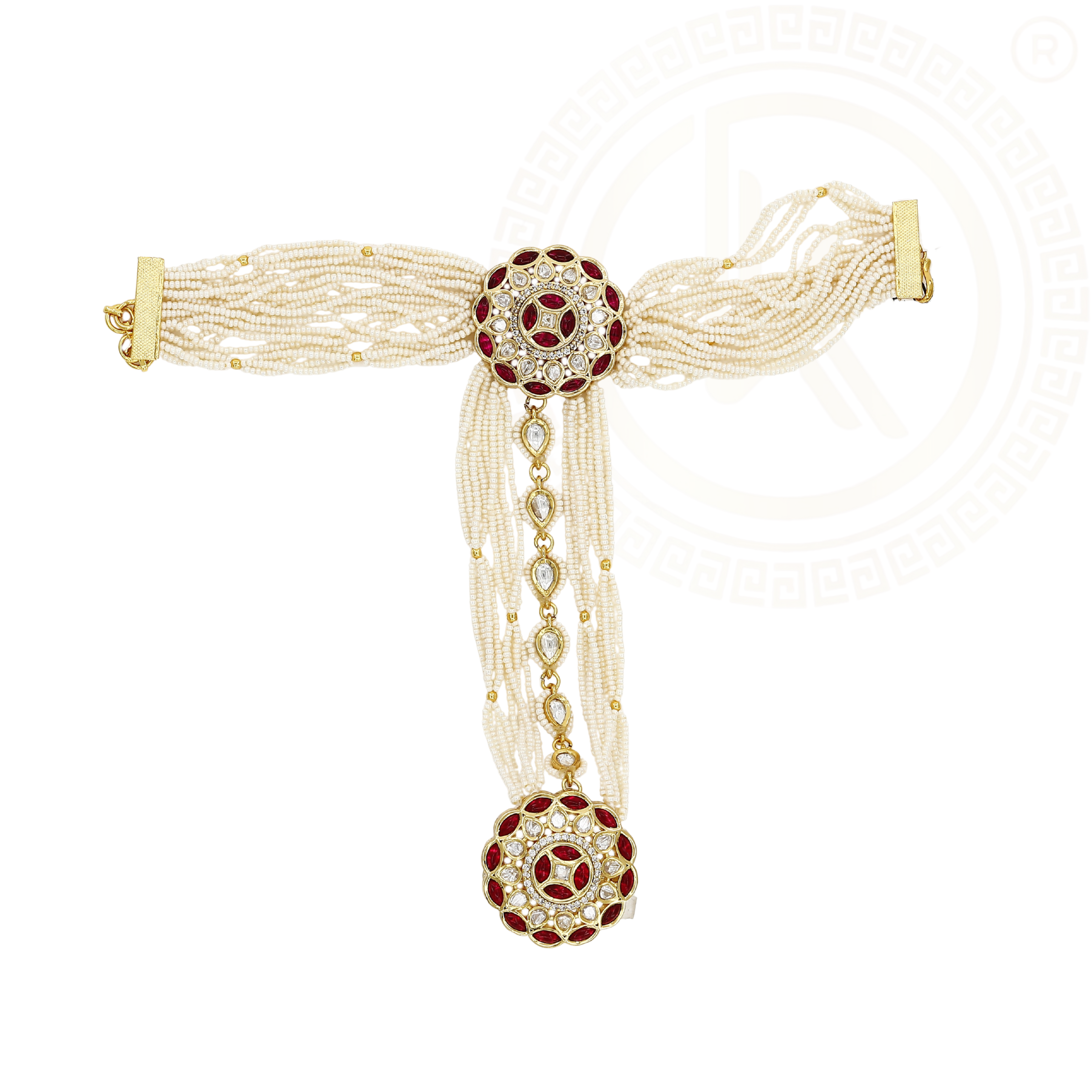 Designer Gold Plated Hath Panja with Pearls & Gems
