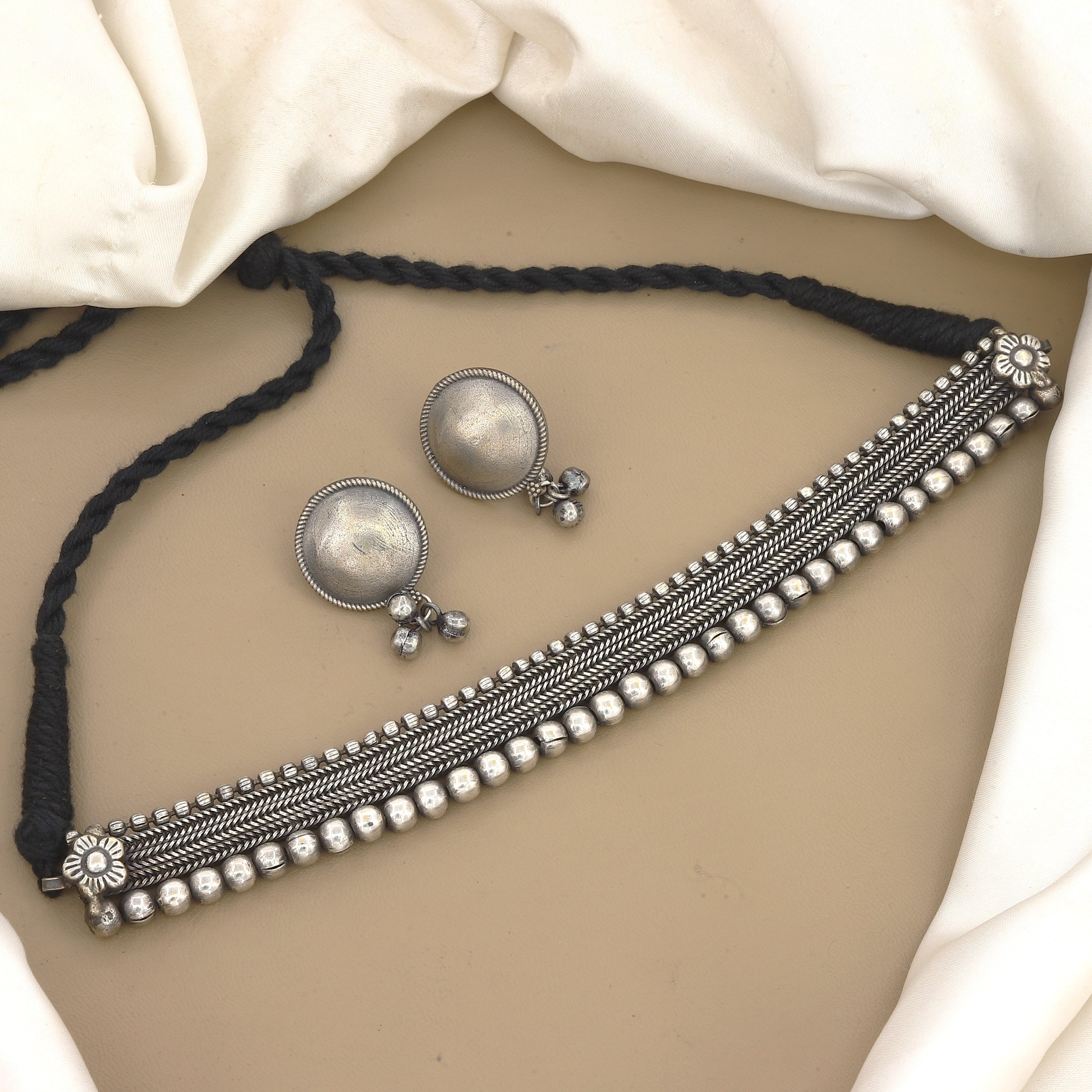 Oxidized Silver Choker Necklace Set with Ghungroo Studs