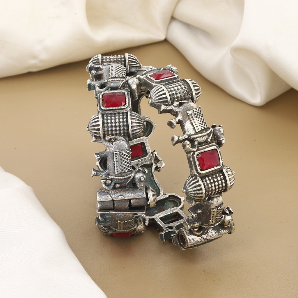 Tribal Oxidized Silver Elephant Bangle Set with Red Accents