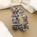 Tribal Oxidized Silver Elephant Bangle Set with Red Accents