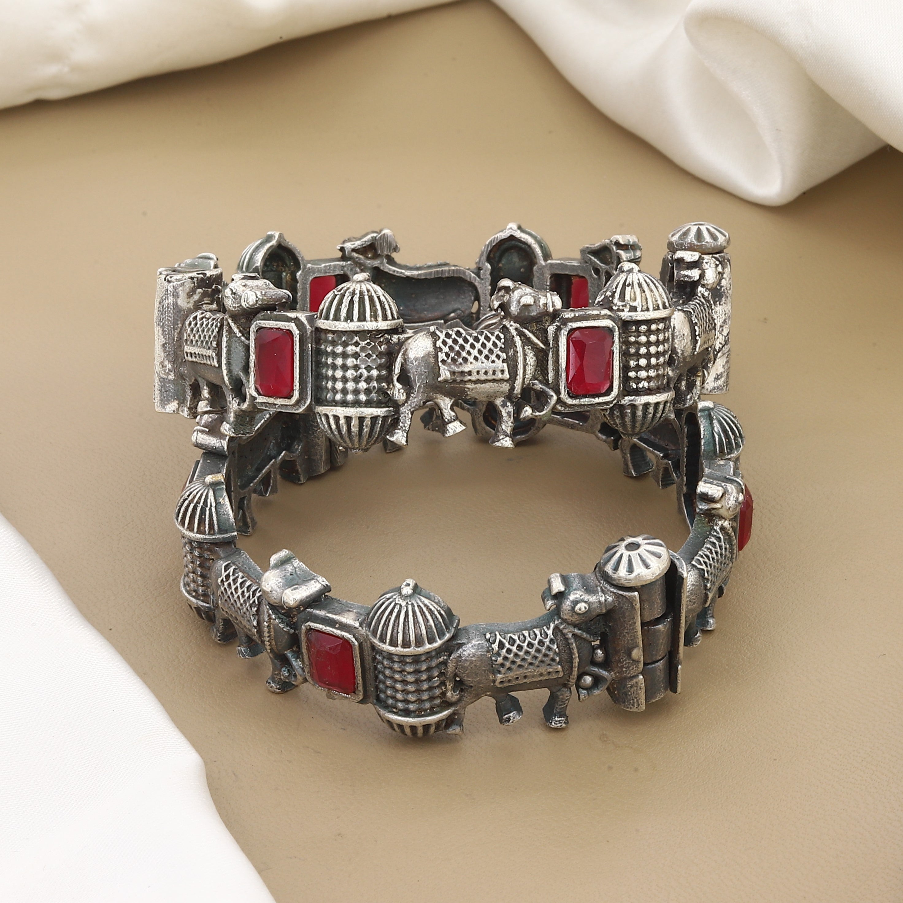Tribal Oxidized Silver Elephant Bangle Set with Red Accents