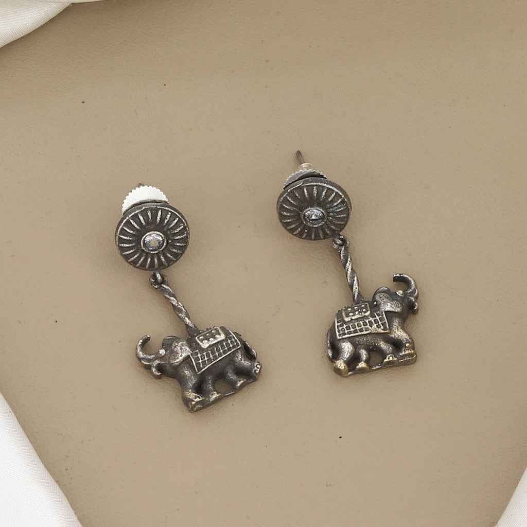Antique Oxidized Silver Elephant Motif Drop Earrings