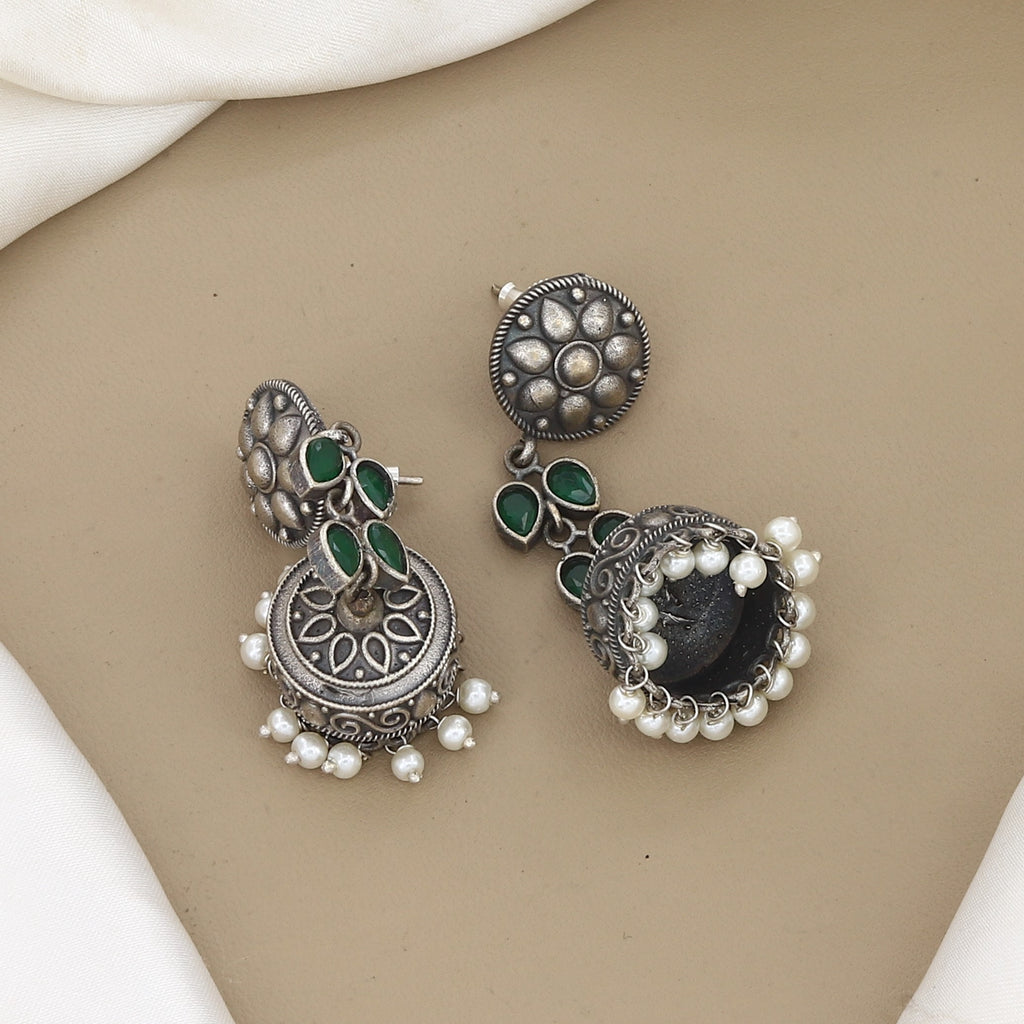 Antique Oxidized Silver Floral Jhumka Earrings with Green Stone