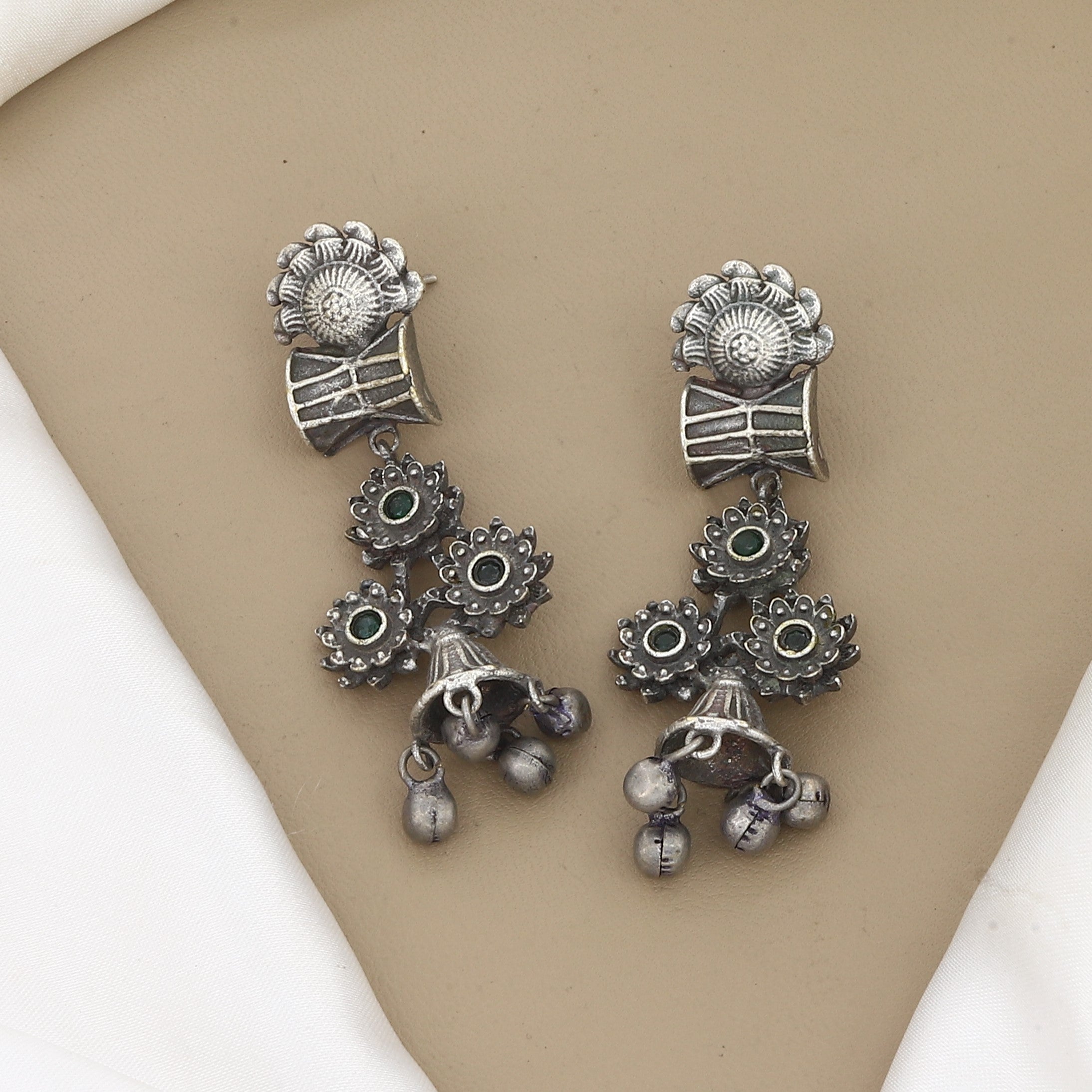 Oxidized Silver Damru & Floral Drop Earrings with Green Stones