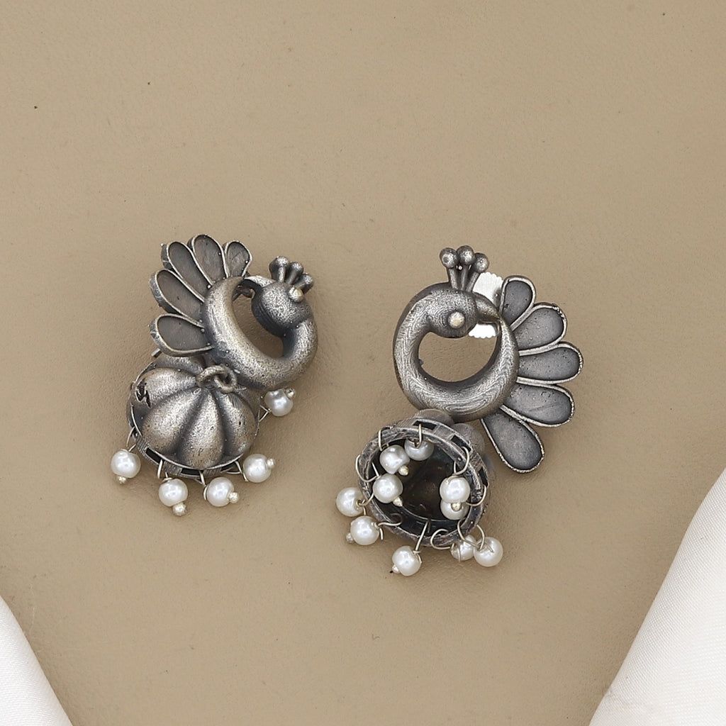 Oxidized Silver Peacock Jhumka Earrings