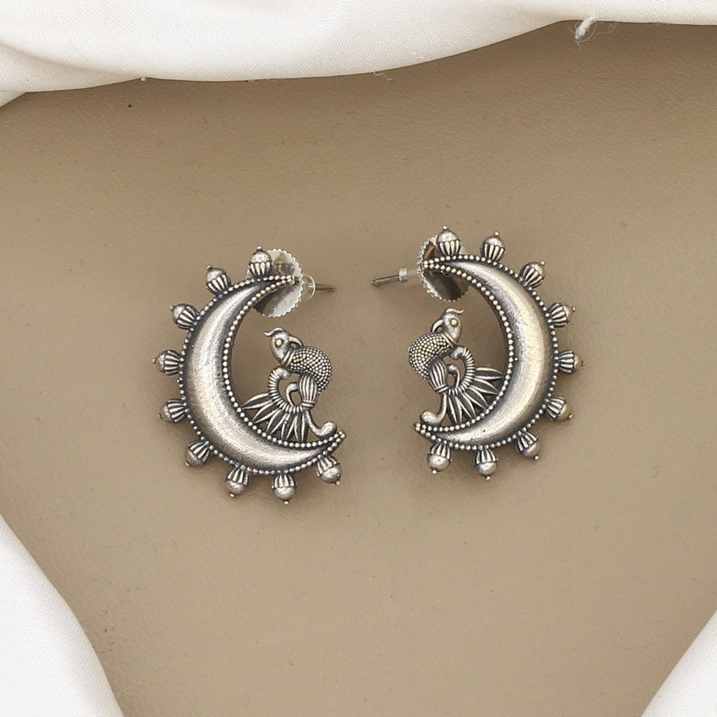 Oxidised Silver Crescent Peacock Stud Earrings