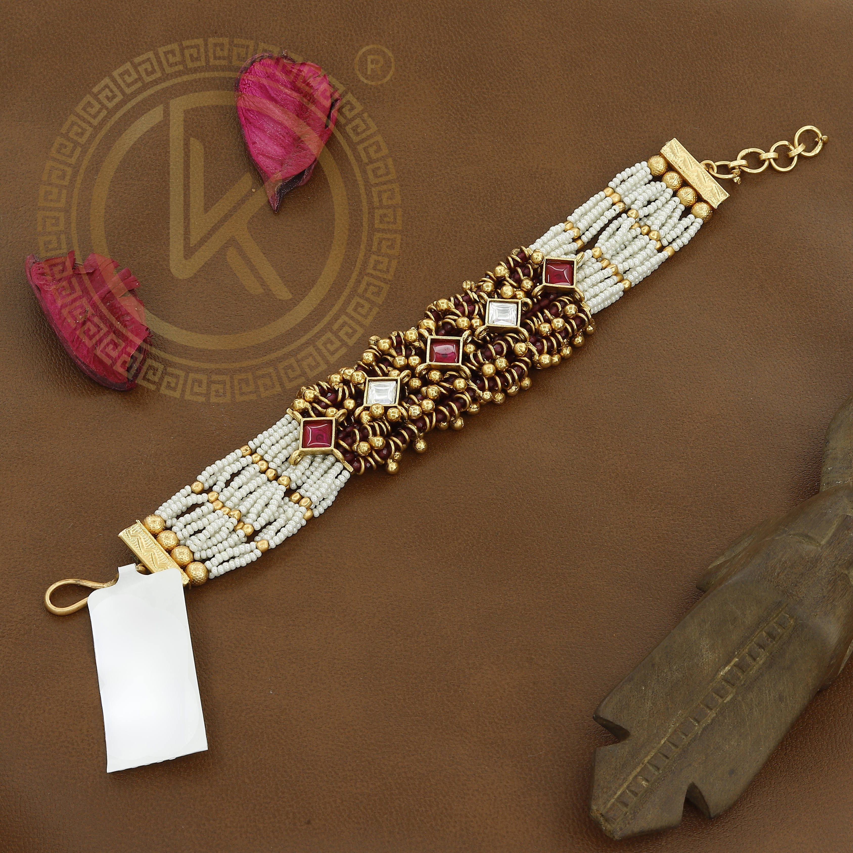 Statement Kundan Antique Hand Bracelet With Colors