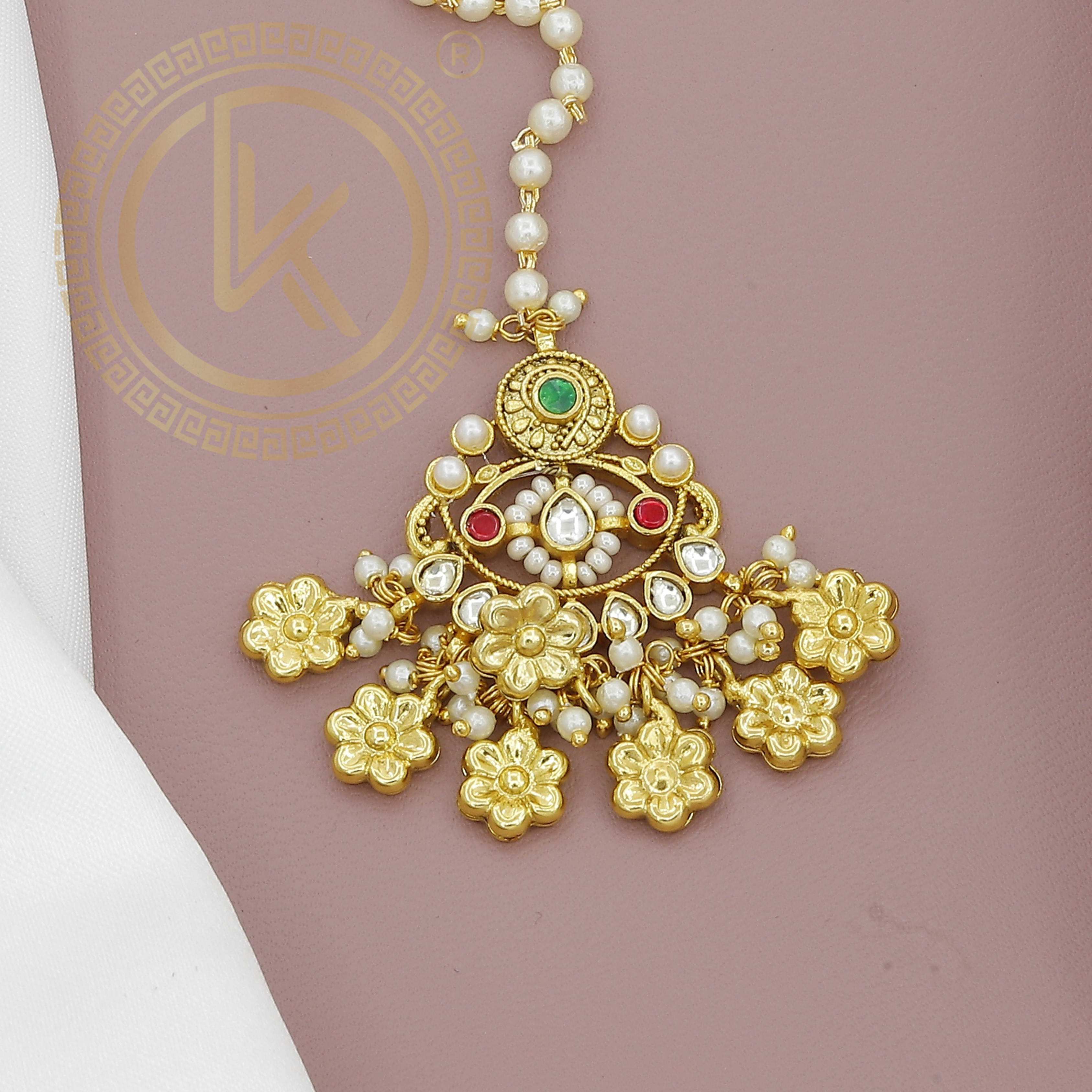 Gold Plated Floral Maang Tikka with Pearl & Kundan Detailing