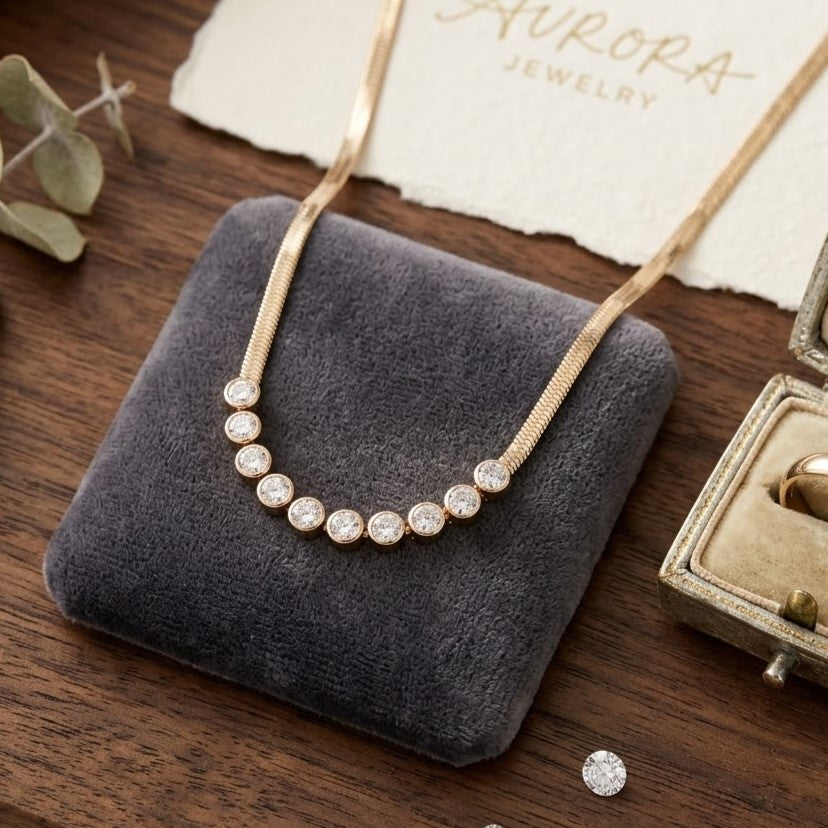 Curved Crystal Bar Modern Rose Gold Flat Chain Necklace