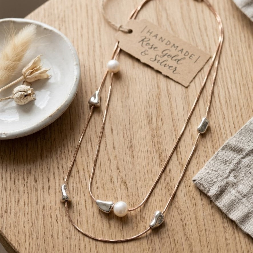 Layered Gold Snake Chain Necklace with Pearl & Silver Pebbles
