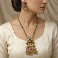 Antique Finish Long Necklace Set with Elephant Motifs & Green Stones