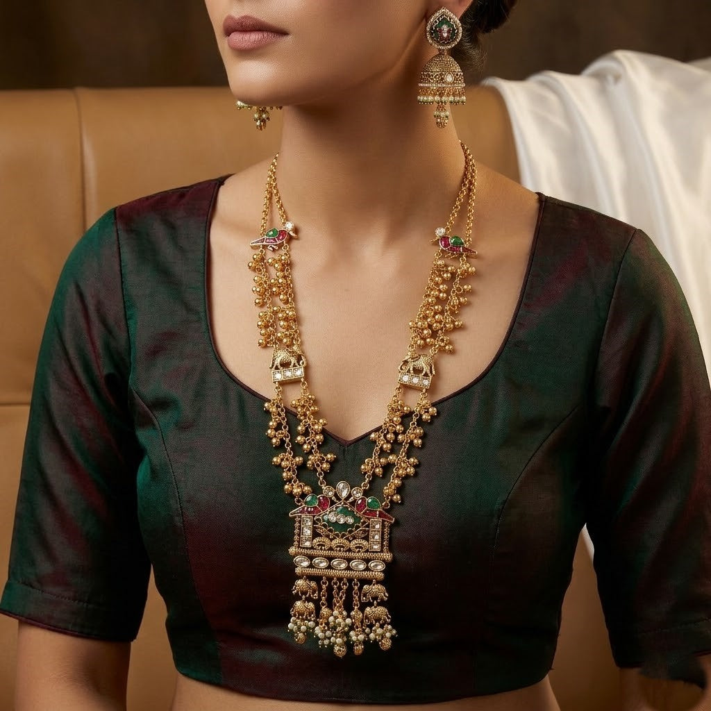 Grand Gold-Plated Elephant & Meenakari Jhumki Long Necklace Set