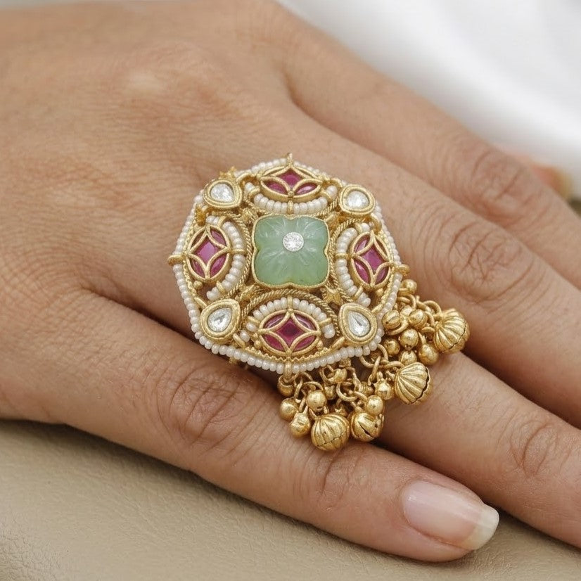 Antique Ruby & Polki Ring with Carved Green Stone & Jhumkas