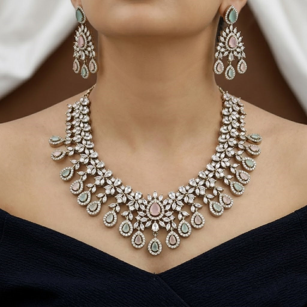 Mehndi Polished Elegant American Diamond Floral Necklace Set
