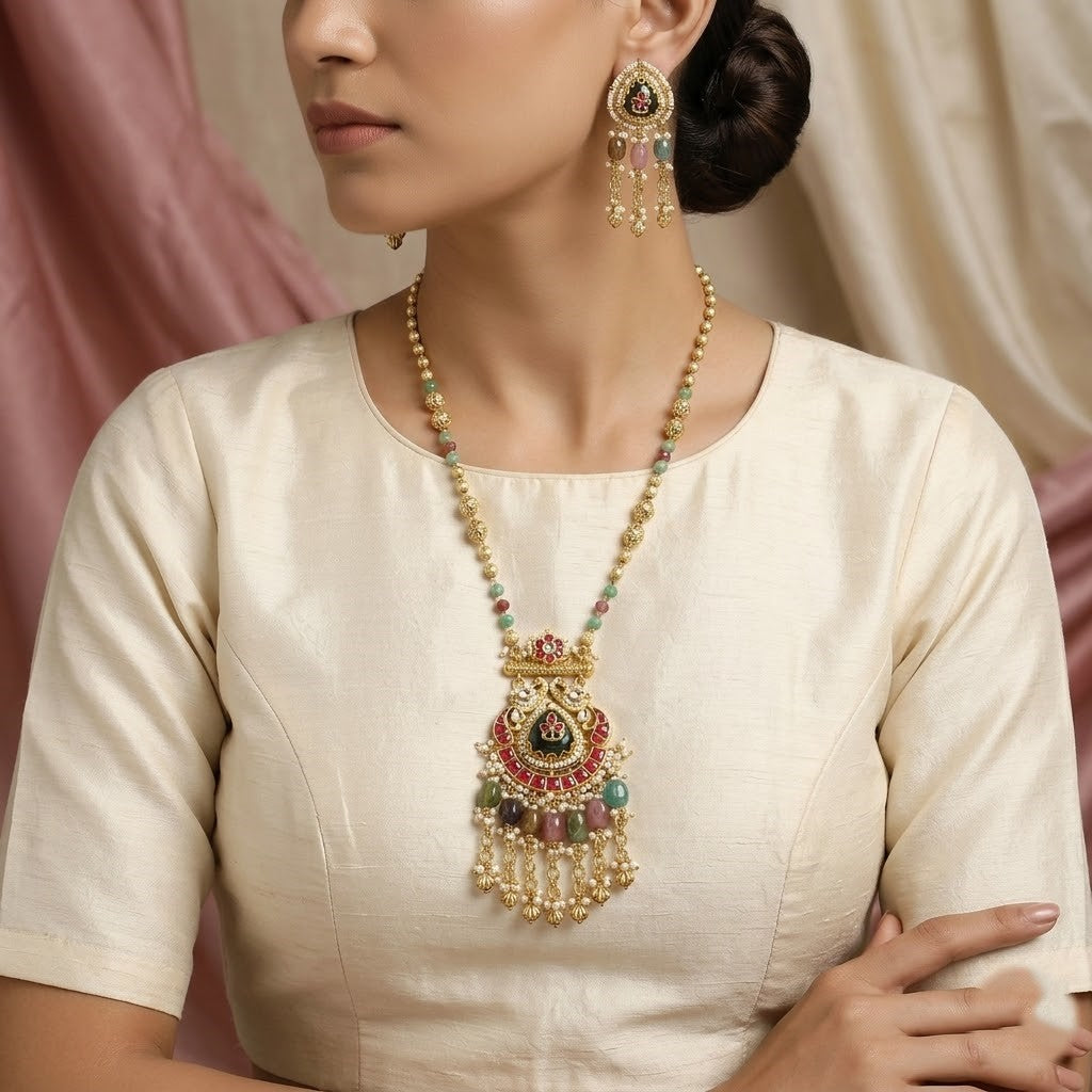 Multicolor Beads Kundan Necklace Set with Meenakari Pendant & Earrings