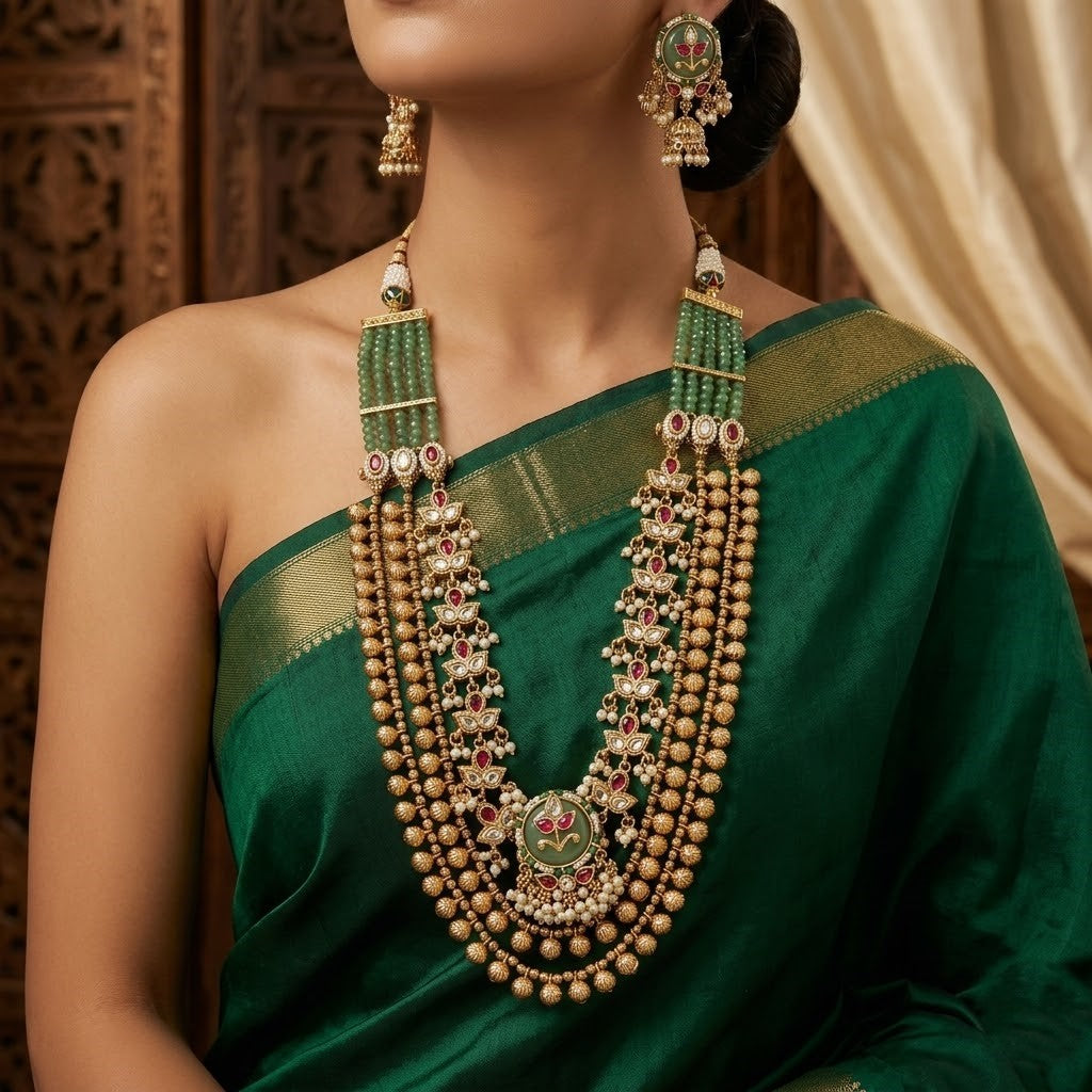 Grand Layered Gold Plated Necklace with Kundan, Ruby & Green Stone