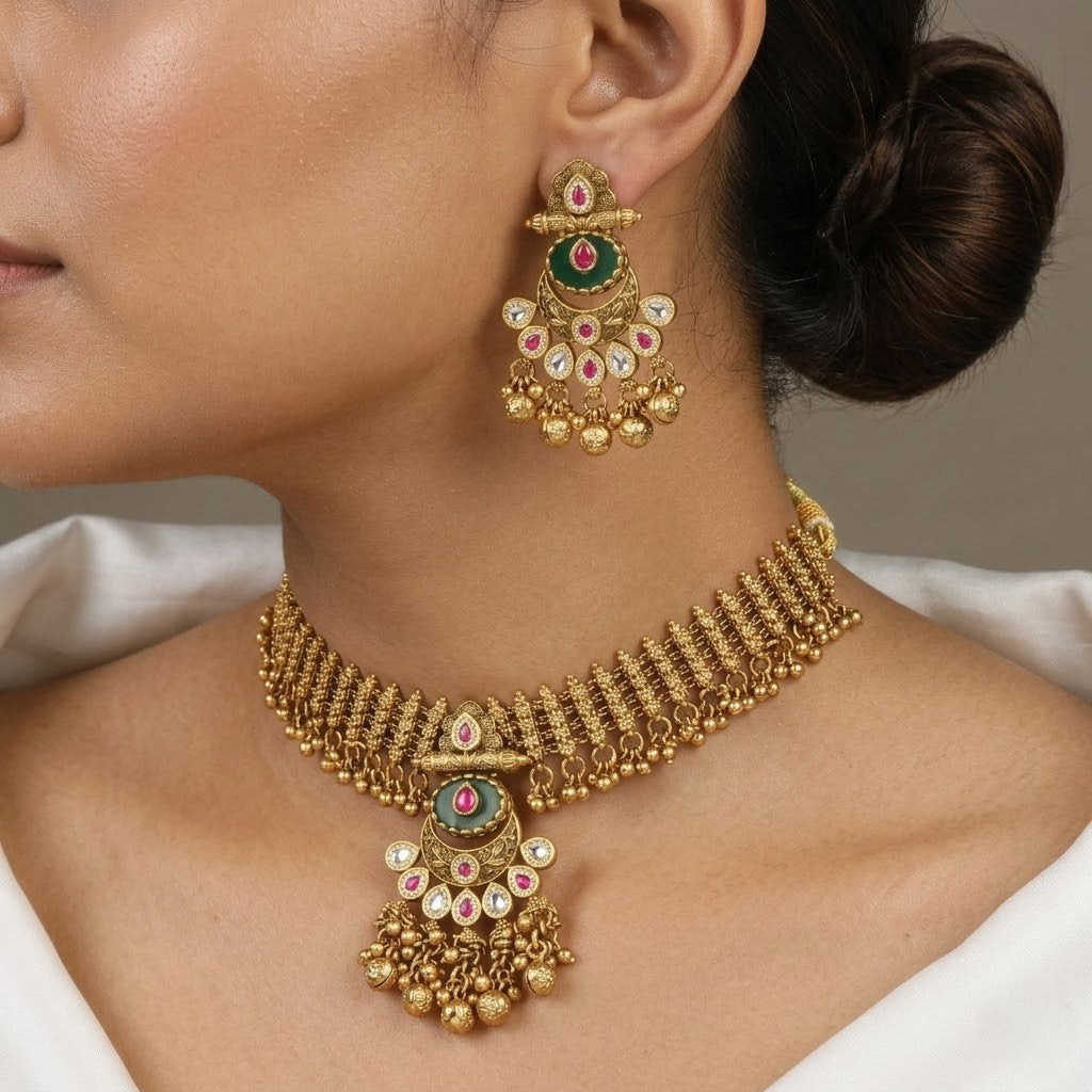 Antique Gold Traditional Kundan Necklace & Earring Set
