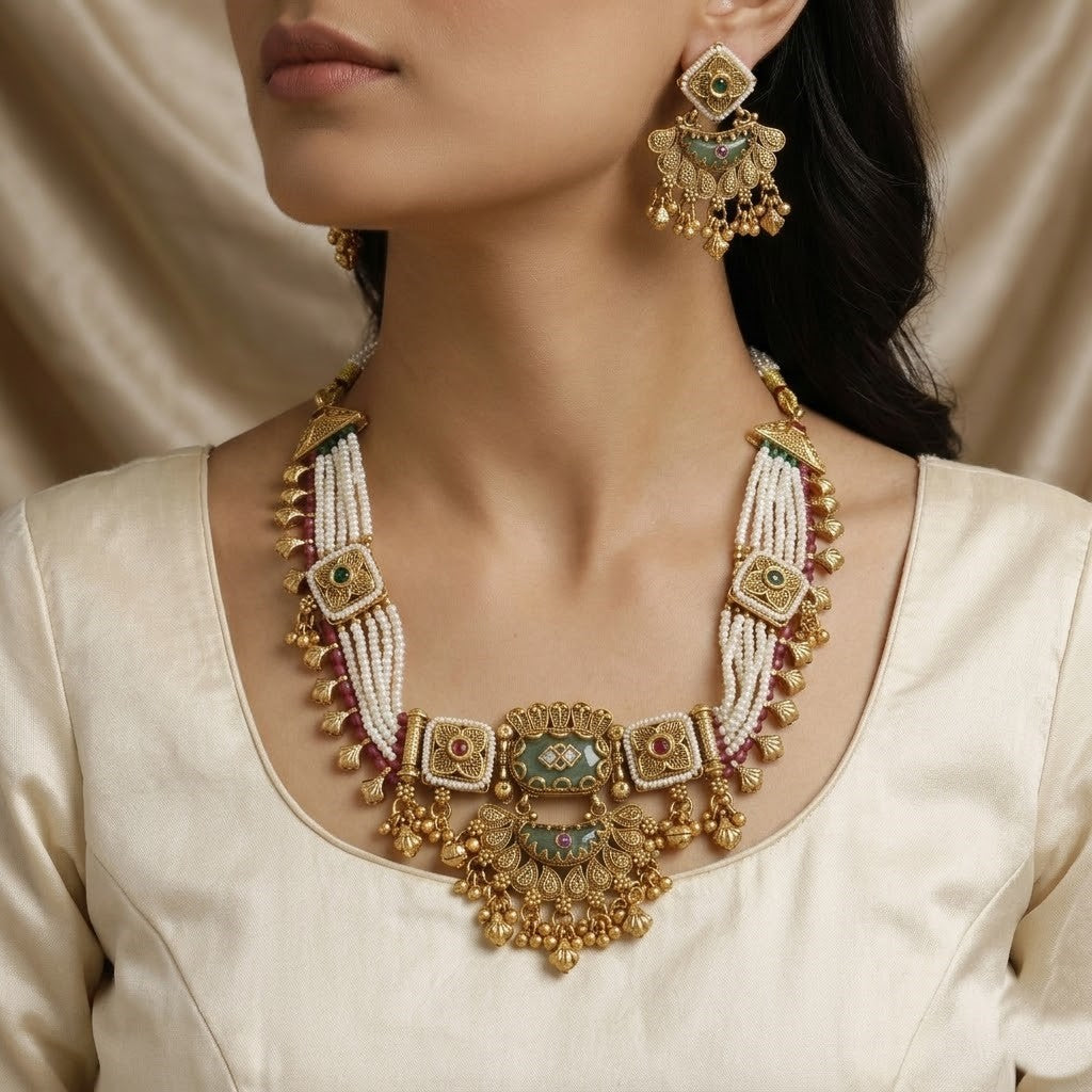 Antique Gold Toned Kundan Pearl Necklace Set