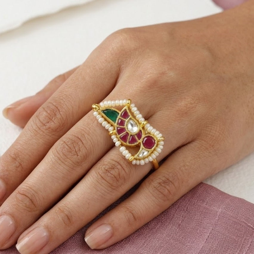 Palakka Design Gold Plated Adjustable Finger Ring with Pearls