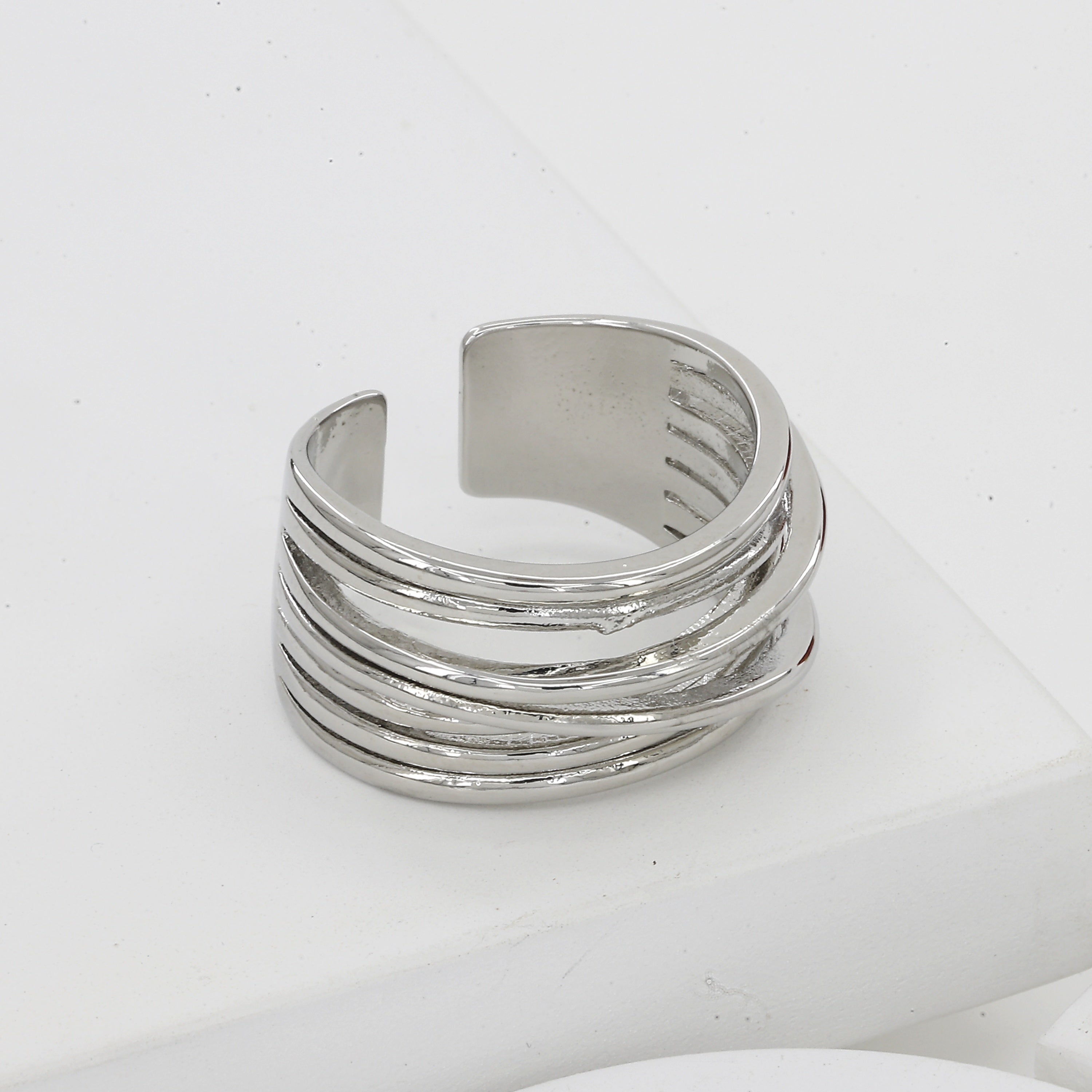 Silver Layered Open Band Adjustable Ring