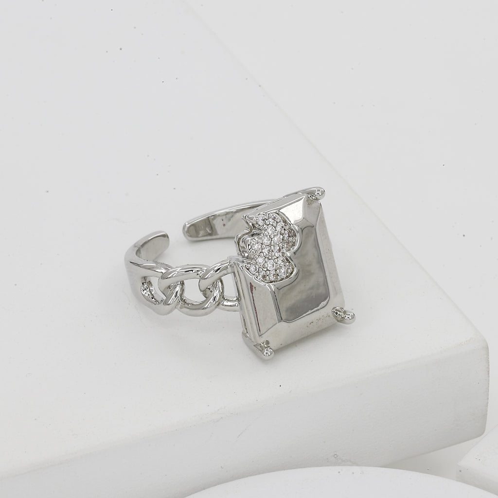 Silver Chain Link Ring with Pave Inset Rectangle Plate