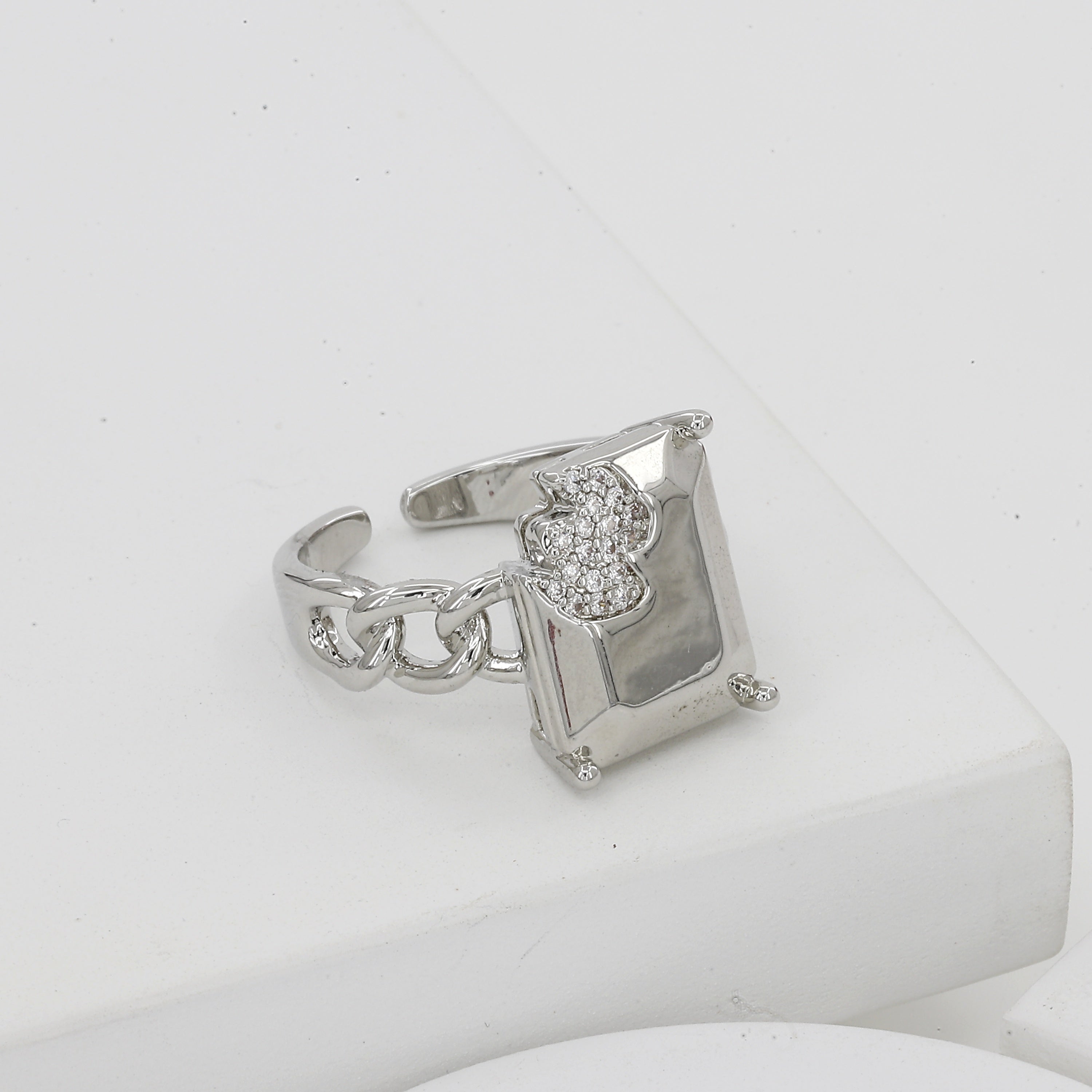 Silver Chain Link Ring with Pave Inset Rectangle Plate