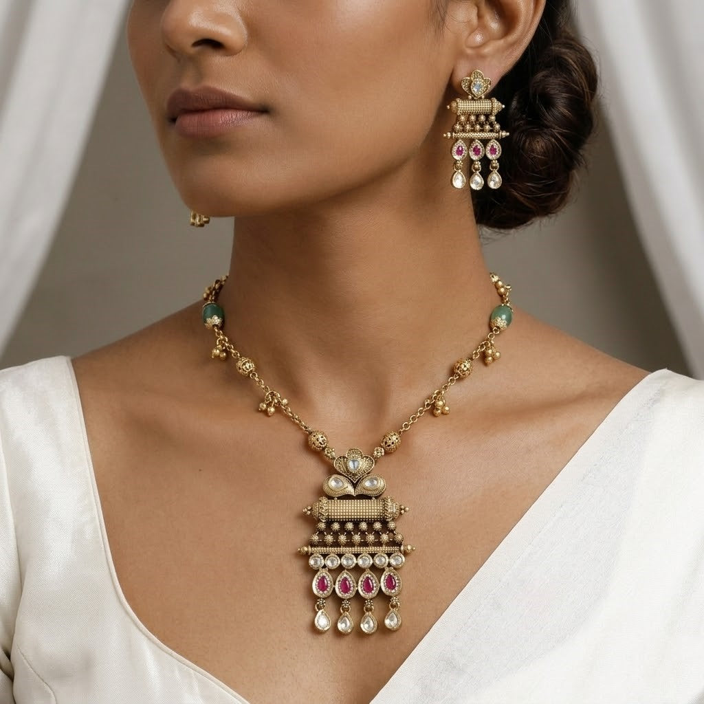 Handcrafted Antique Gold-Plated Mini Pendant Set