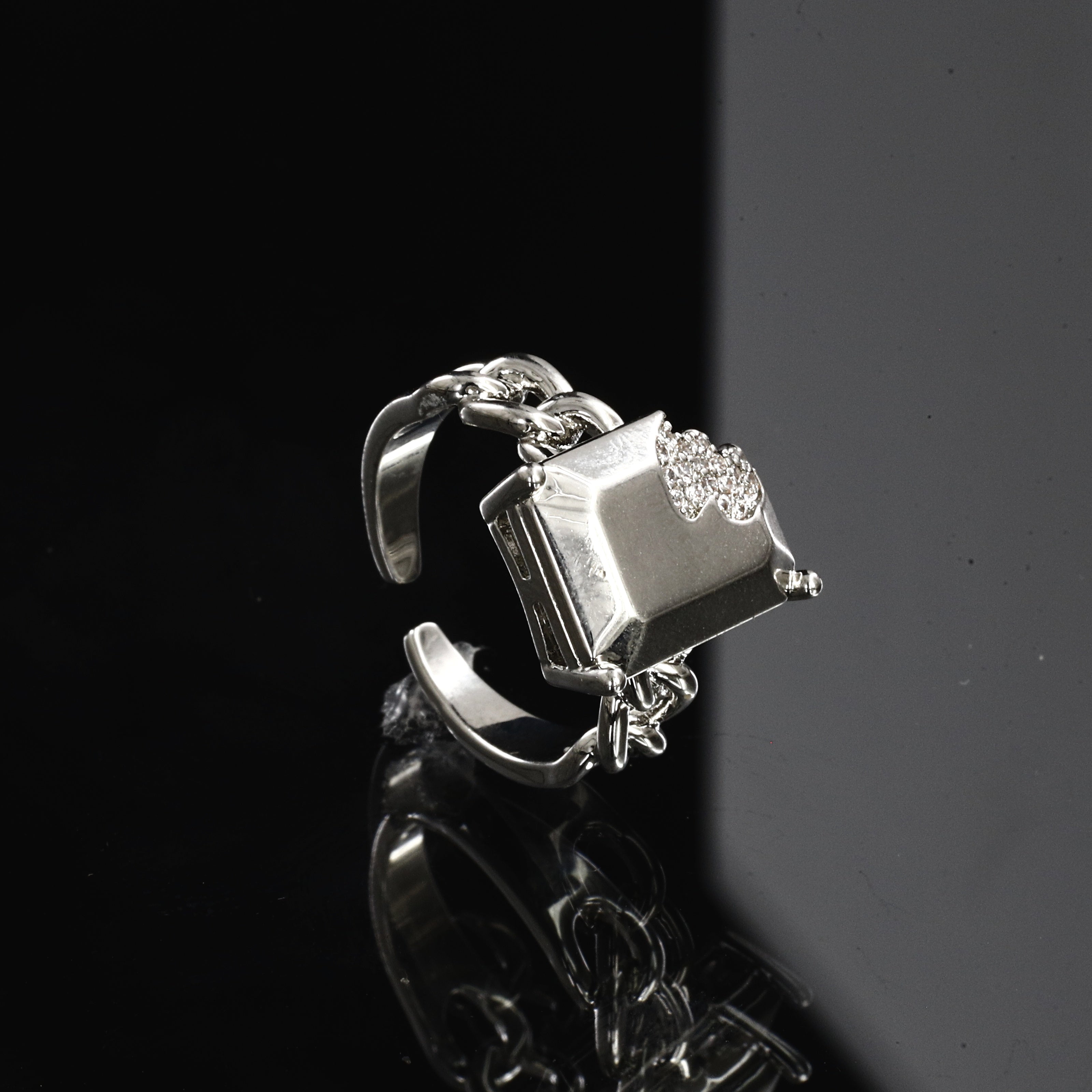 Silver Chain Link Ring with Pave Inset Rectangle Plate