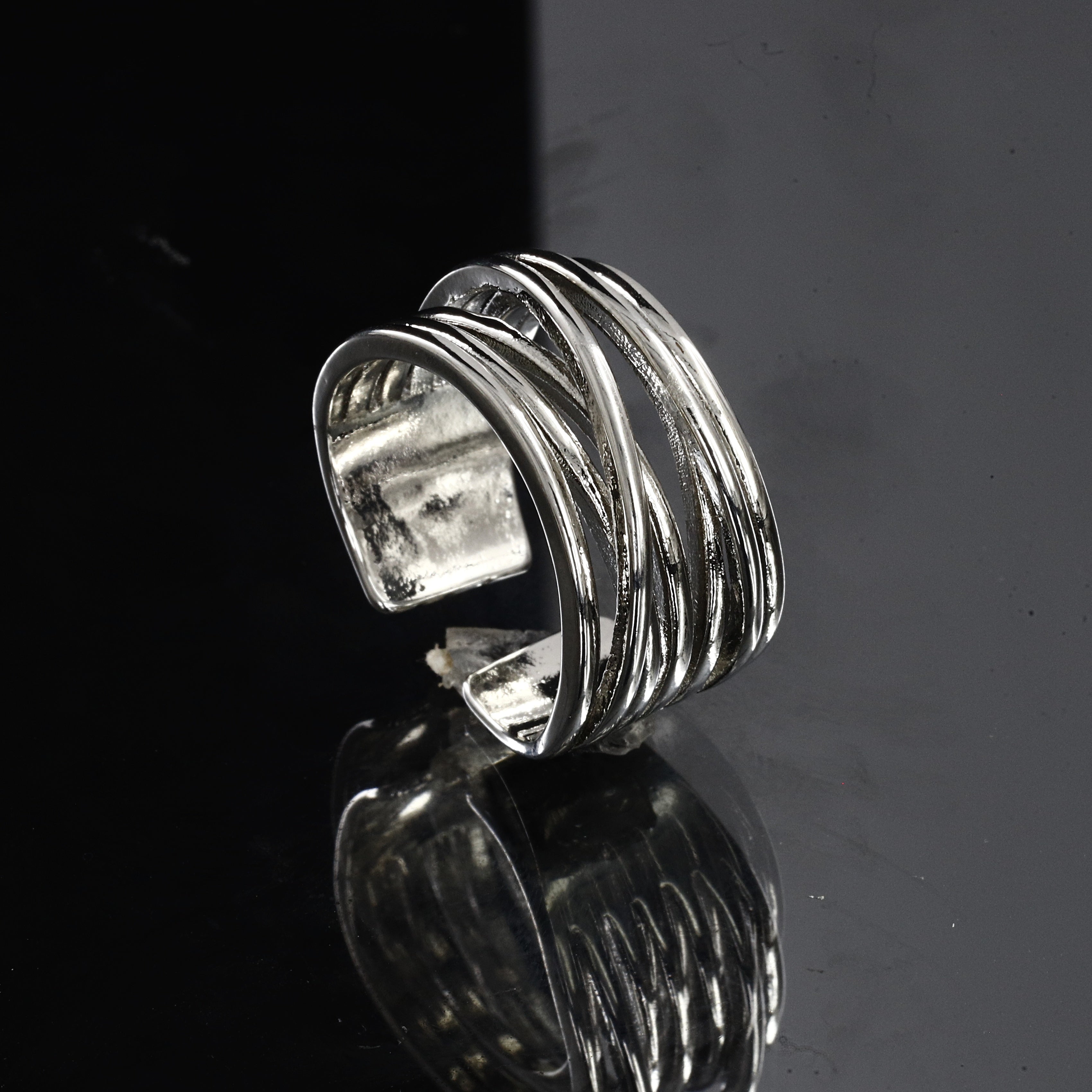 Silver Layered Open Band Adjustable Ring