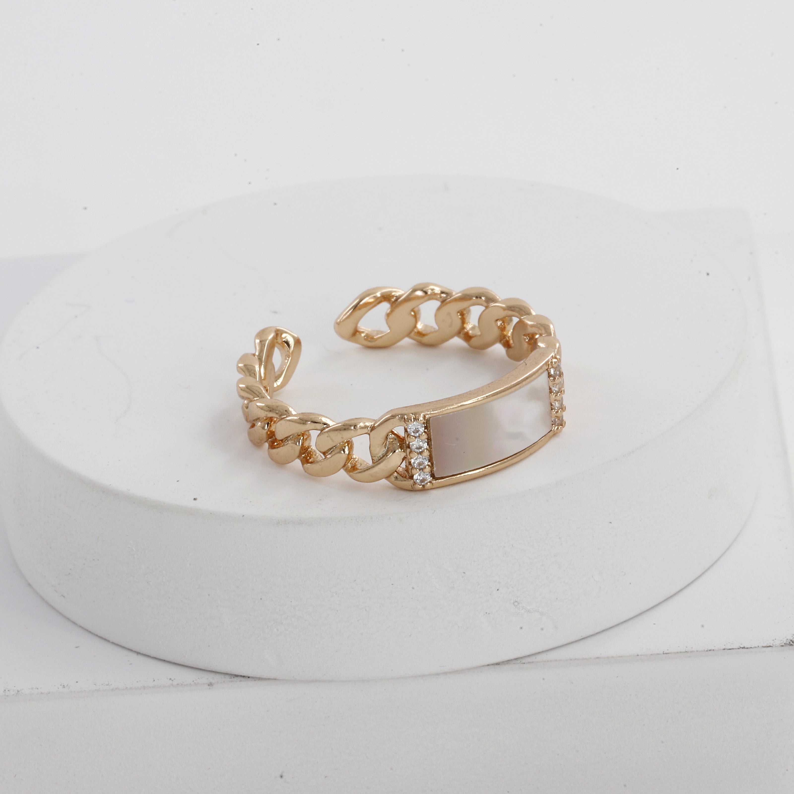 Rose Gold Curb Chain Adjustable Ring with Mother of Pearl Inlay